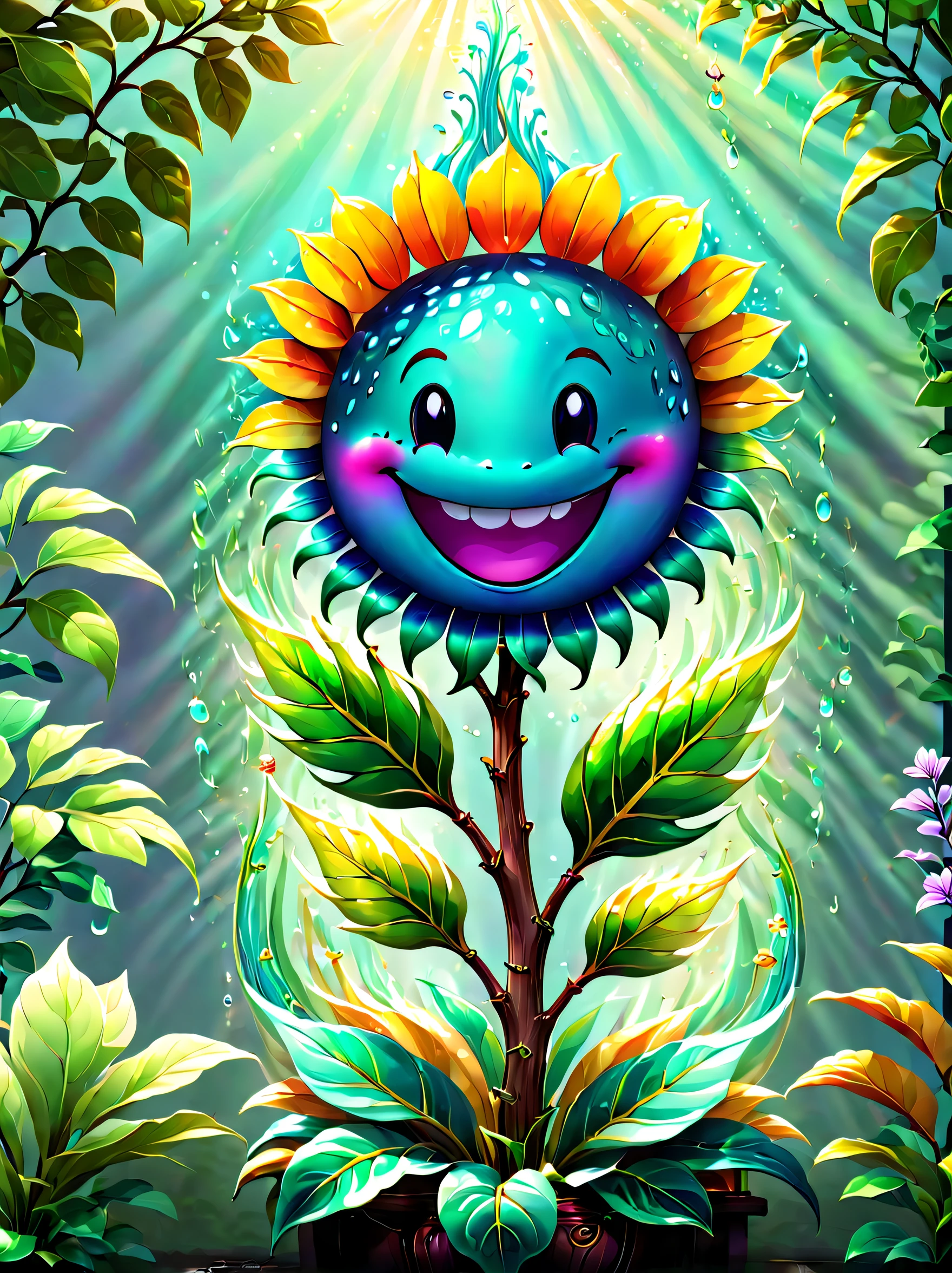 stained glass style，(a magical plant，Irridescent color，1 big five flower，Lovely smile)，Leaves covered with nectar, Plants covered in liquid, Cute 3d rendering, Rendering in Cinema 4D Octane, blender art, Cinema 4D color rendering, Very detailed photos of happiness, rendered in cinema4d, Colorful octane rendering, A vibrant one, The beautiful, semi transparent, iintricate, Detailed pubic hair