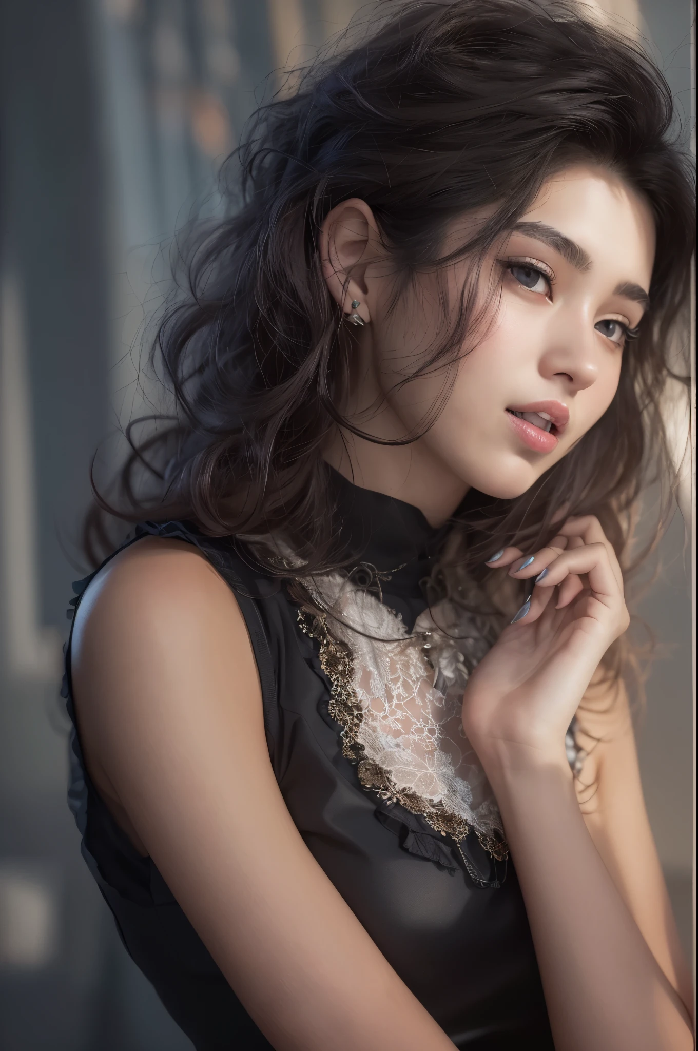 (Raw photo, Best Quality), (Realistic, Photorealsitic:1.3), masutepiece, extremely delicate and beautiful, Extremely detailed, nffsw, Unity, 8K, amazing, finely detail, Ultra-detailed, hight resolution, absurderes, Soft light, (Black hair, Short hair, Curly hair, hair messy, Bangor Tiful Detail Girl, Detailed fingers, extremely detailed eye and face, beautiful detailed nose, Beautiful detailed eyes, (Light on Face), Looking at Viewer, (Closed mouth:1.2), 1girl in, Cute, 年轻, Mature Face, pale skin, (Half body:1.3, sittingium'breastsout), Realistic face, Realistic body, beautiful detailed thigh, (ulzzang -6500-v1.1:0.6), Black shirt, (Semi-smile:1.3),cowboy shot
