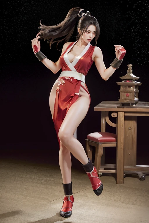 (mai shiranui:1.7), (tabi:2.0), (toe:1.2), (Full body portrait:2.0), Full body, (Realism), (masutepiece:2.0), (Best Quality), (ultra-detailliert), (8K, 4K, Convoluted), (Flat Lighting:1.2), (skinny), Prestige, Brown eyes, Long hair, brown eyes, long hair, brown hair, white ribbon, sleeveless, ponytail, sash, pelvic curtain, arm guards, gloves, tabi, fascinated expression, Sexy eyes, slim, medium breasts, Smile, Cute, view the viewer, Long hair, Close to Japan temple, (breasts focus:1.2), (Realistic:1.2), (Full Shot: 1.2), (85 mm), light Particle, Lighting, (Highly detailed:1.2), (Detailed face:1.2), (gradients), SFV, Colorful, (Detailed eyes:1.2), (Detailed temples of Japan: 1.2),(Detailed background), (Dynamic Angle:1.2), (Dynamic Pose:1.2), (Line of action:1.2), Wide Shot, Daylight, Solo.