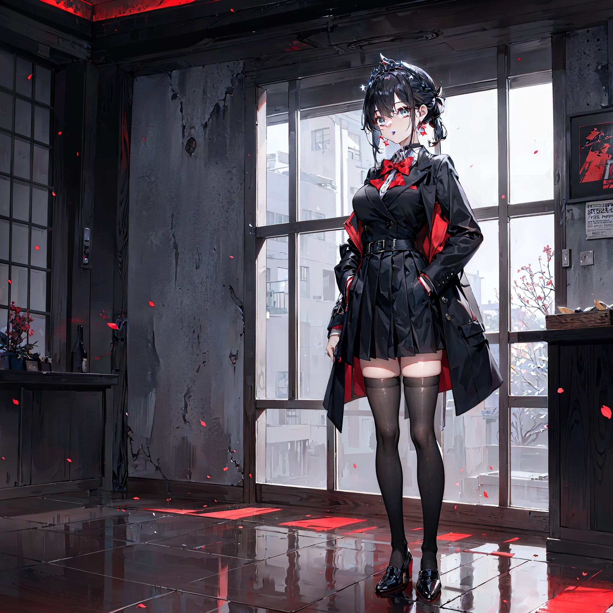 Red Warrior, Show independent self-confidence,Brave and powerful image,Wear a red and black miniskirt,Wear yours with black glossy stockings and over-the-knee boots，The corners of the mouth are slightly raised，Exudes pride and confidence。NSFW
