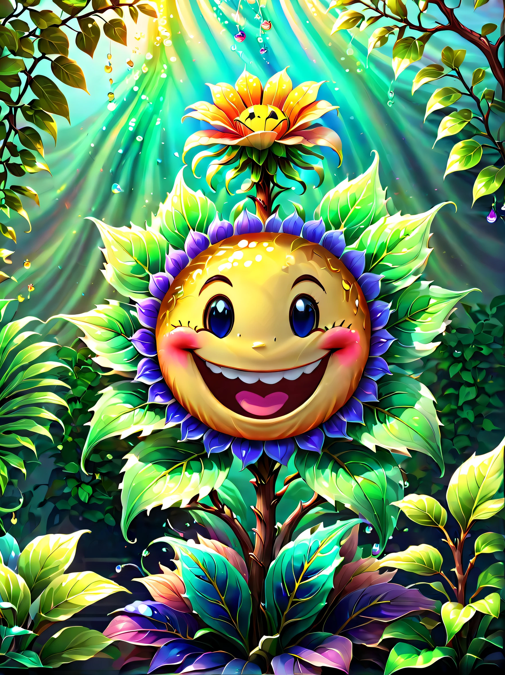 stained glass style,(a magical plant,Irridescent color,1 big five flower,Lovely smile),Leaves covered with nectar, Plants covered in liquid, Cute 3d rendering, Rendering in Cinema 4D Octane, blender art, Cinema 4D color rendering, Very detailed photos of happiness, rendered in cinema4d, Colorful octane rendering, A vibrant one, The beautiful, semi transparent, iintricate, Detailed pubic hair