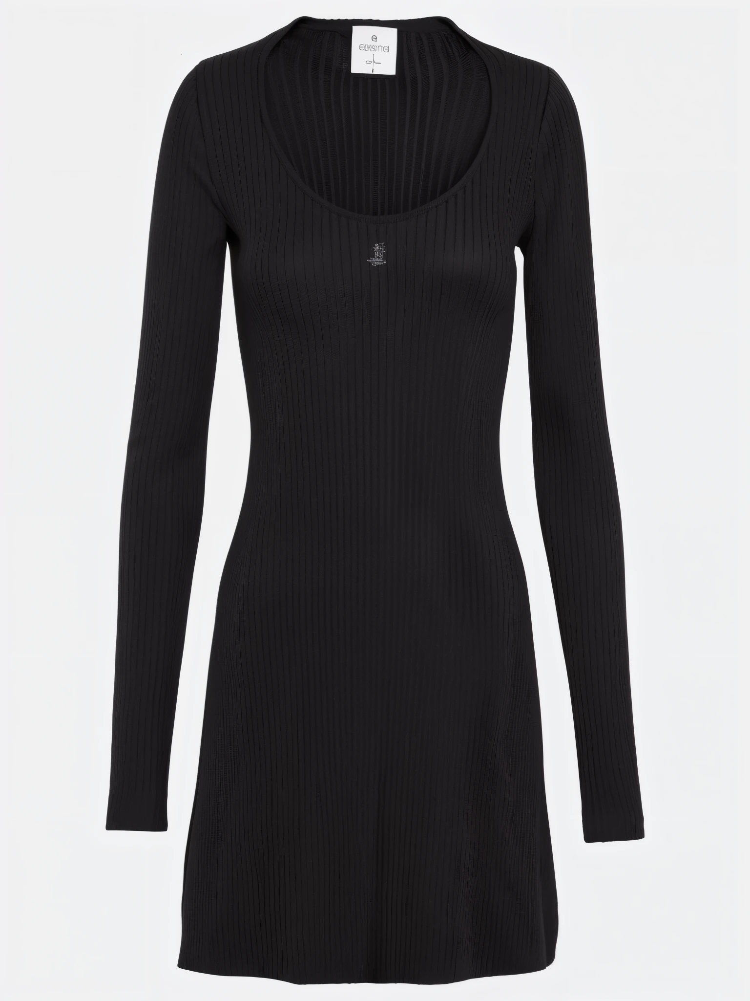 Lea Brandhuber wearing a short black dress with a long sleeve, black, vanta black, deep black, blonde, black tunic, three - quarter view, ebony, julia hill, velvia, femme, casual black clothing, bodycon dress, calvin klein, fashion, image in center, subtle detailing, programming, black dress with belt, deep dark black, subtle details
