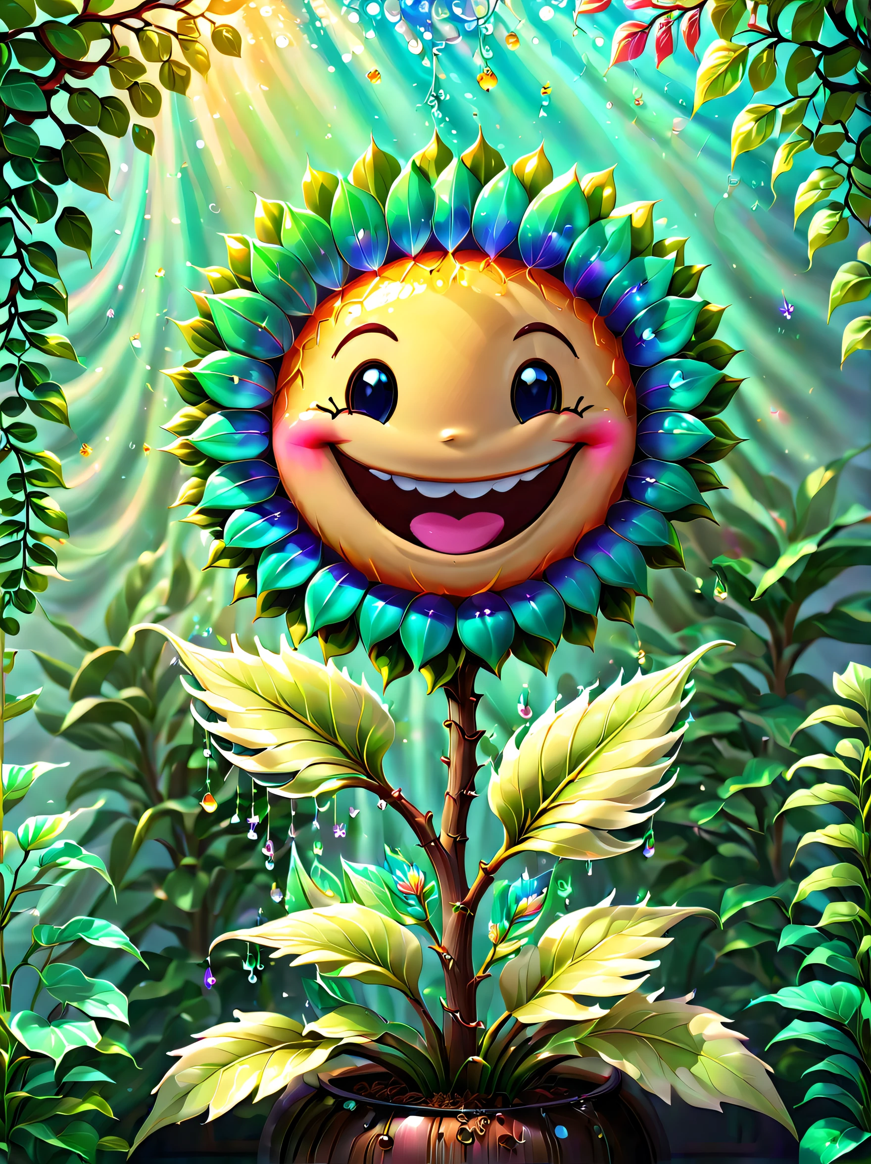 stained glass style,(a magical plant,Irridescent color,1 big five flower,Lovely smile),Leaves covered with nectar, Plants covered in liquid, Cute 3d rendering, Rendering in Cinema 4D Octane, blender art, Cinema 4D color rendering, Very detailed photos of happiness, rendered in cinema4d, Colorful octane rendering, A vibrant one, The beautiful, semi transparent, iintricate, Detailed pubic hair