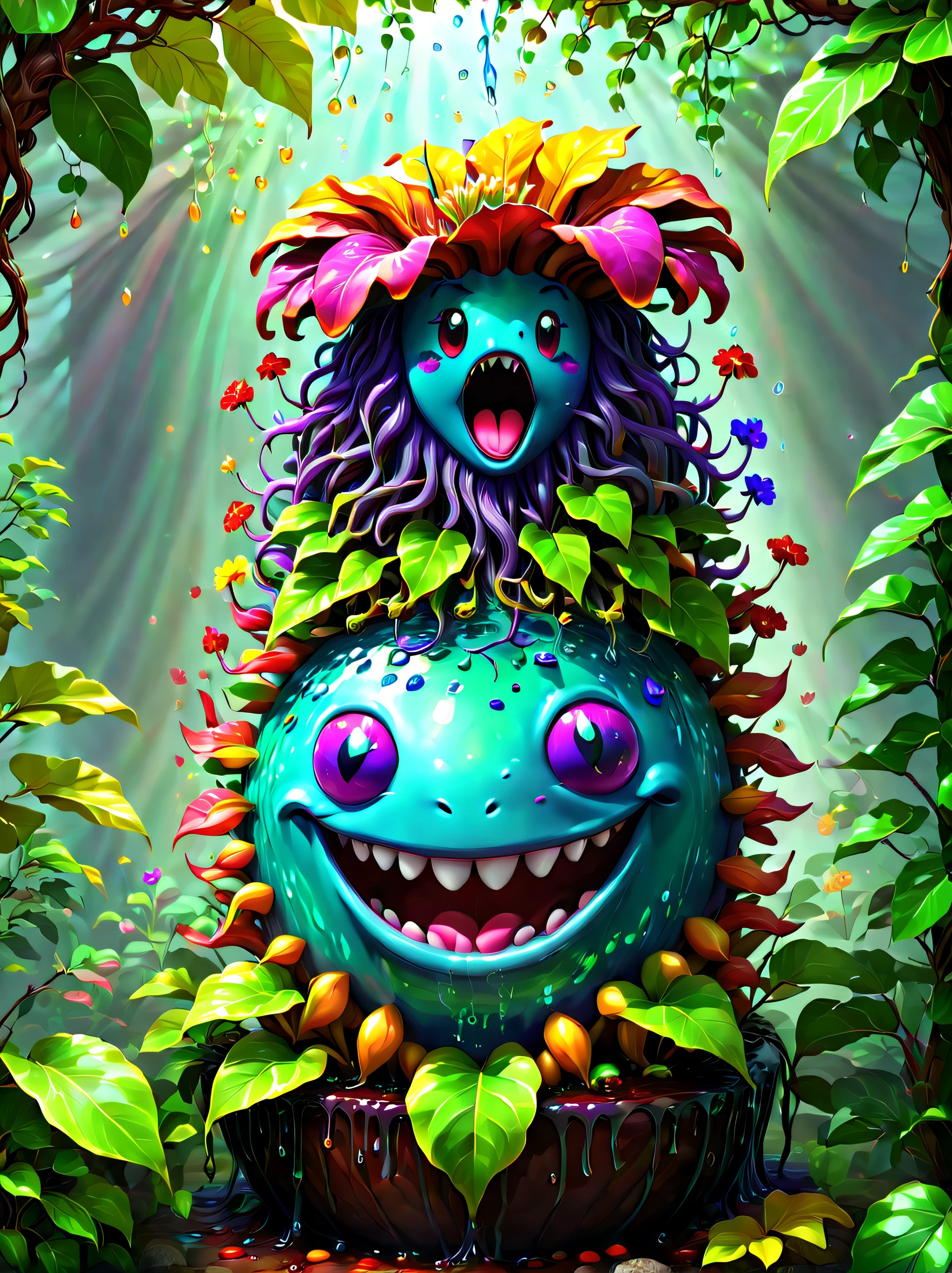stained glass style，(a magical plant，Colorful rainbow evil face rafflesia flower)，Leaves covered with nectar, Plants covered in liquid, Cute 3d rendering, Rendering in Cinema 4D Octane, blender art, Cinema 4D color rendering, Very detailed photos of happiness, rendered in cinema4d, Colorful octane rendering, A vibrant one, The beautiful, semi transparent, iintricate, Detailed pubic hair