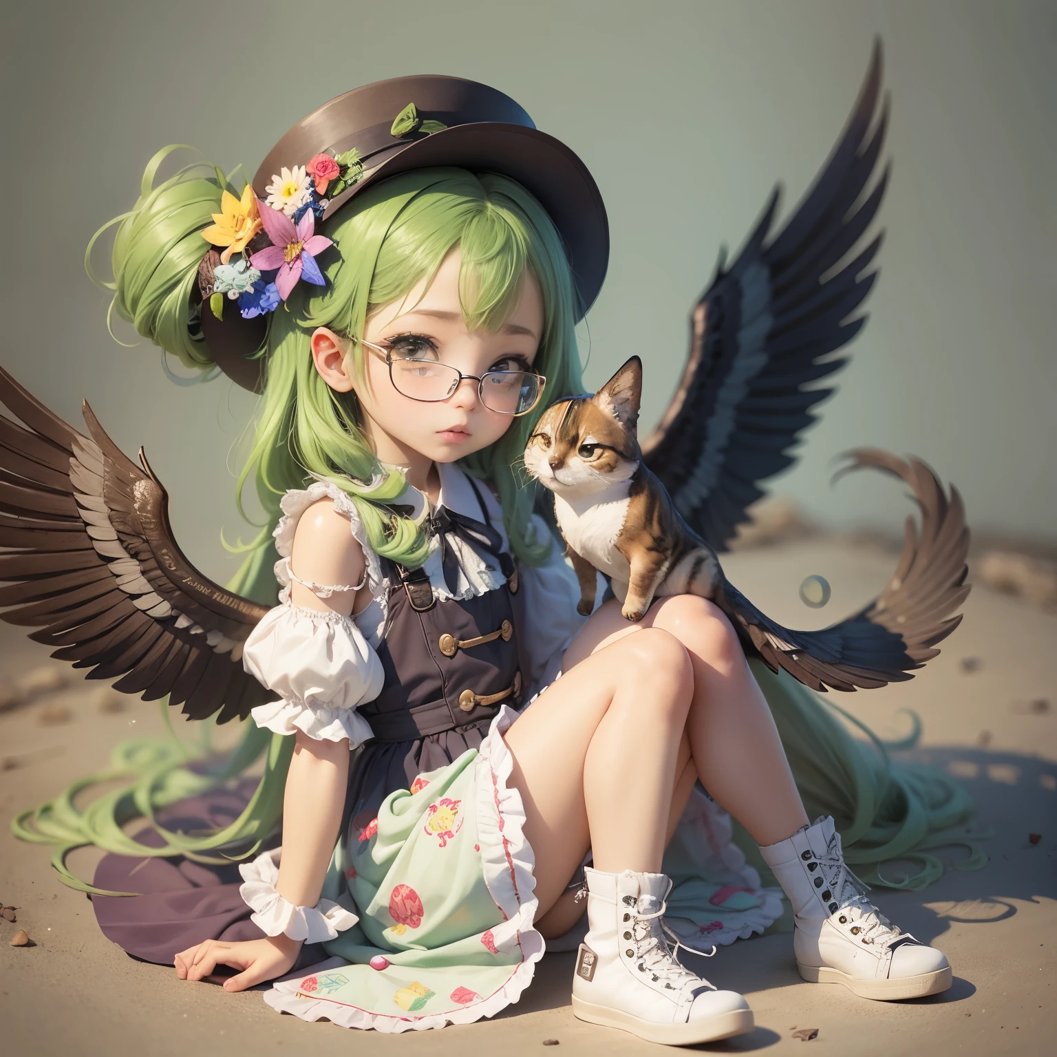 Green hair, brown-eyed, eye glass, Wearing a colorful hat、Girl in a dress with wings on the back, Chibi Girl, Lori in dress, Lori, kawaii chibi, Inspired by Riki, Chibi Art, Inspired by Soda, Tahara-ku, Inspired by Yundukusue, Inspired by Wang Lu --auto --s2