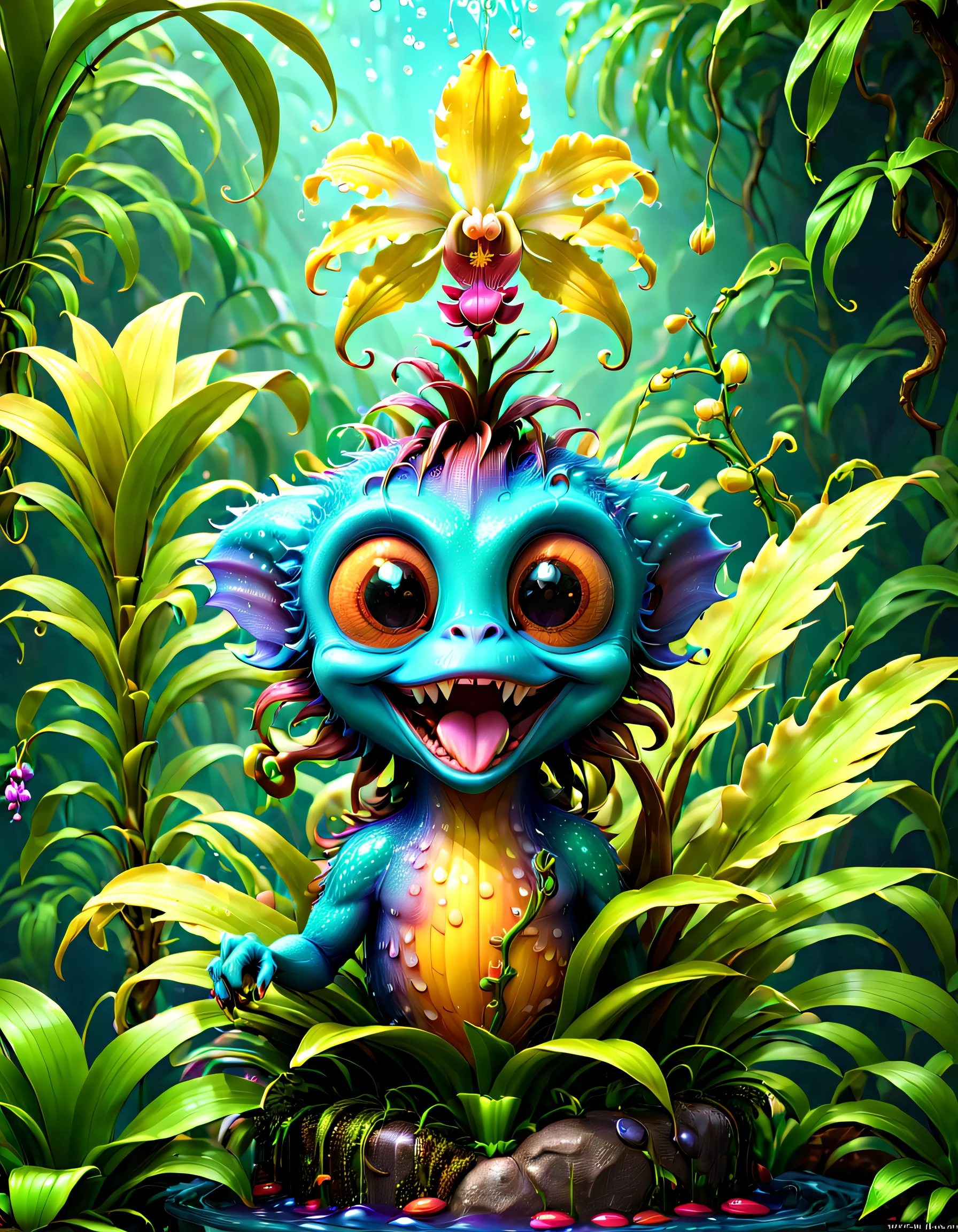 a magical plant，Monkey face dragon orchid，Cute 3d rendering, Plants covered in liquid, Rendering in Cinema 4D Octane, blender art, Cinema 4D color rendering, Very detailed photos of happiness, rendered in cinema4d, 4D cinema rendering, Colorful octane rendering, 3d illustrations, 3d illustrations, stylized as a 3d render . A vibrant one, The beautiful, semi transparent, iintricate, Detailed pubic hair