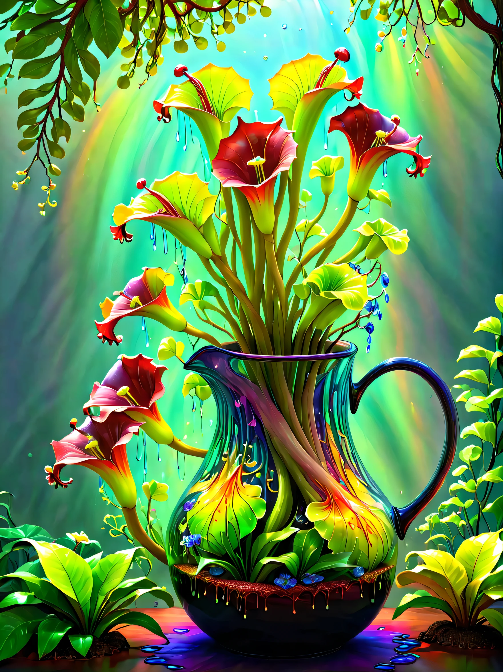 stained glass style，(a magical plant，Colorful rainbow giant pitcher plant)，Leaves covered with nectar, Plants covered in liquid, Cute 3d rendering, Rendering in Cinema 4D Octane, blender art, Cinema 4D color rendering, Very detailed photos of happiness, rendered in cinema4d, Colorful octane rendering, A vibrant one, The beautiful, semi transparent, iintricate, Detailed pubic hair