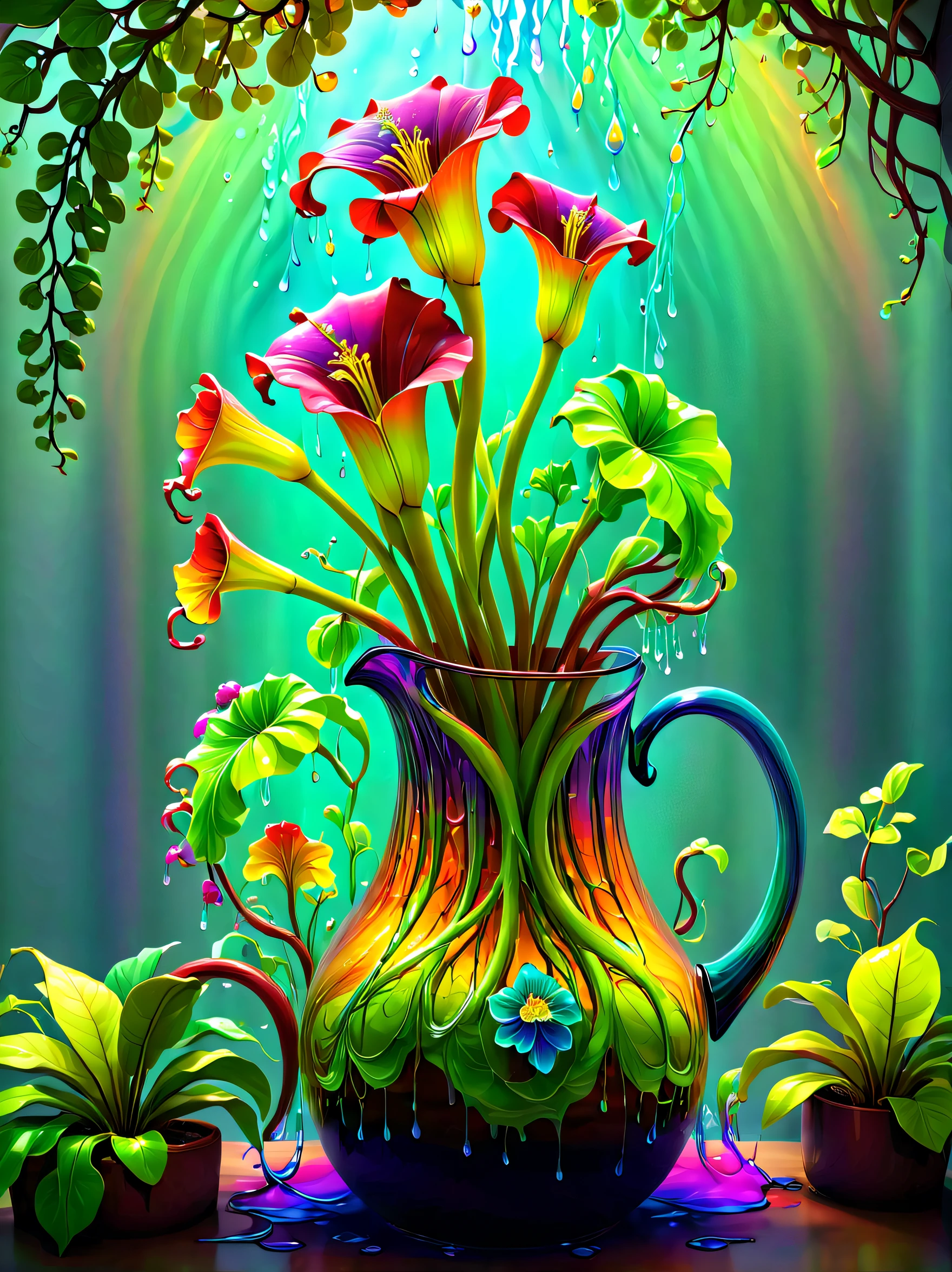 stained glass style，(a magical plant，Colorful rainbow giant pitcher plant)，Leaves covered with nectar, Plants covered in liquid, Cute 3d rendering, Rendering in Cinema 4D Octane, blender art, Cinema 4D color rendering, Very detailed photos of happiness, rendered in cinema4d, Colorful octane rendering, A vibrant one, The beautiful, semi transparent, iintricate, Detailed pubic hair