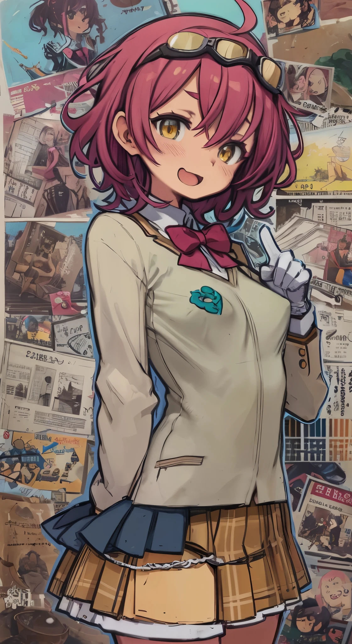 (Perfect body),Best Quality, K、NSFW、(((((Lori)))))、((((Short stature))))、blush、(V-shaped eyebrows)、:D、embarrassed from、((((Short hair))))、(hair messy)、waved hair、Ahoge、(Yellow eyes),((A pink-haired))、Yellow goggles on the head、yellow lean hair clip、(((School uniform)))、(White knee socks)、(Pink gloves)、Yellow jacket、((bulging nipple))、Undersized breasts、(((thick thighs)))、spreading legs、Armpits、A desert