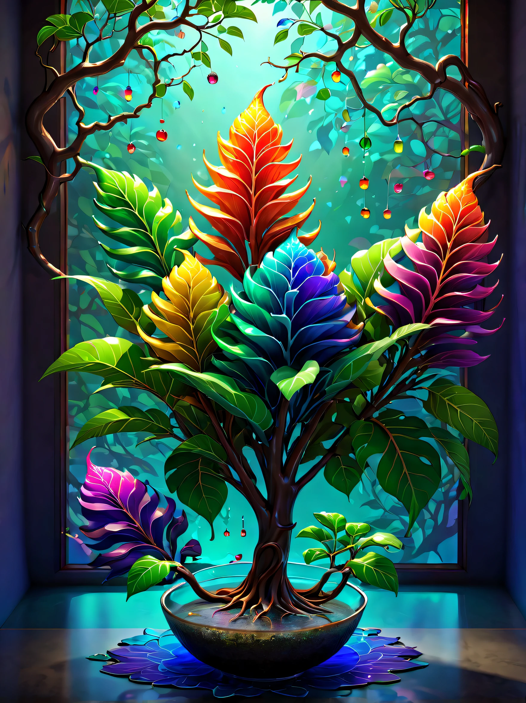 stained glass style，(a magical plant，Colorful Rainbow Corpse Scent Konjac)，Leaves covered with nectar, Plants covered in liquid, Cute 3d rendering, Rendering in Cinema 4D Octane, blender art, Cinema 4D color rendering, Very detailed photos of happiness, rendered in cinema4d, Colorful octane rendering, A vibrant one, The beautiful, semi transparent, iintricate, Detailed pubic hair