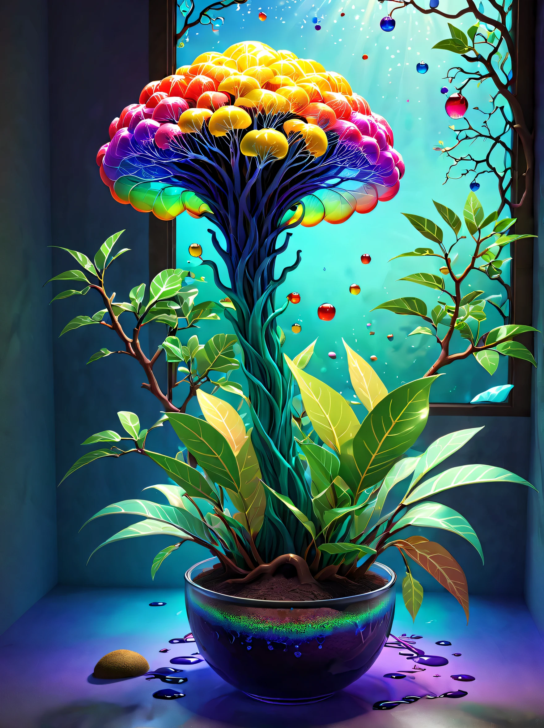 stained glass style，(a magical plant，Colorful Rainbow Corpse Scent Konjac)，Leaves covered with nectar, Plants covered in liquid, Cute 3d rendering, Rendering in Cinema 4D Octane, blender art, Cinema 4D color rendering, Very detailed photos of happiness, rendered in cinema4d, Colorful octane rendering, A vibrant one, The beautiful, semi transparent, iintricate, Detailed pubic hair