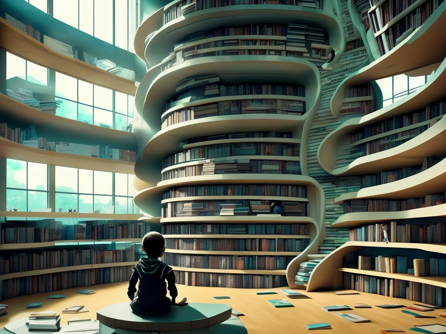 A giant futuristic library with thousands of books. A cyberpunk kid in the middle of the library looks on in awe
