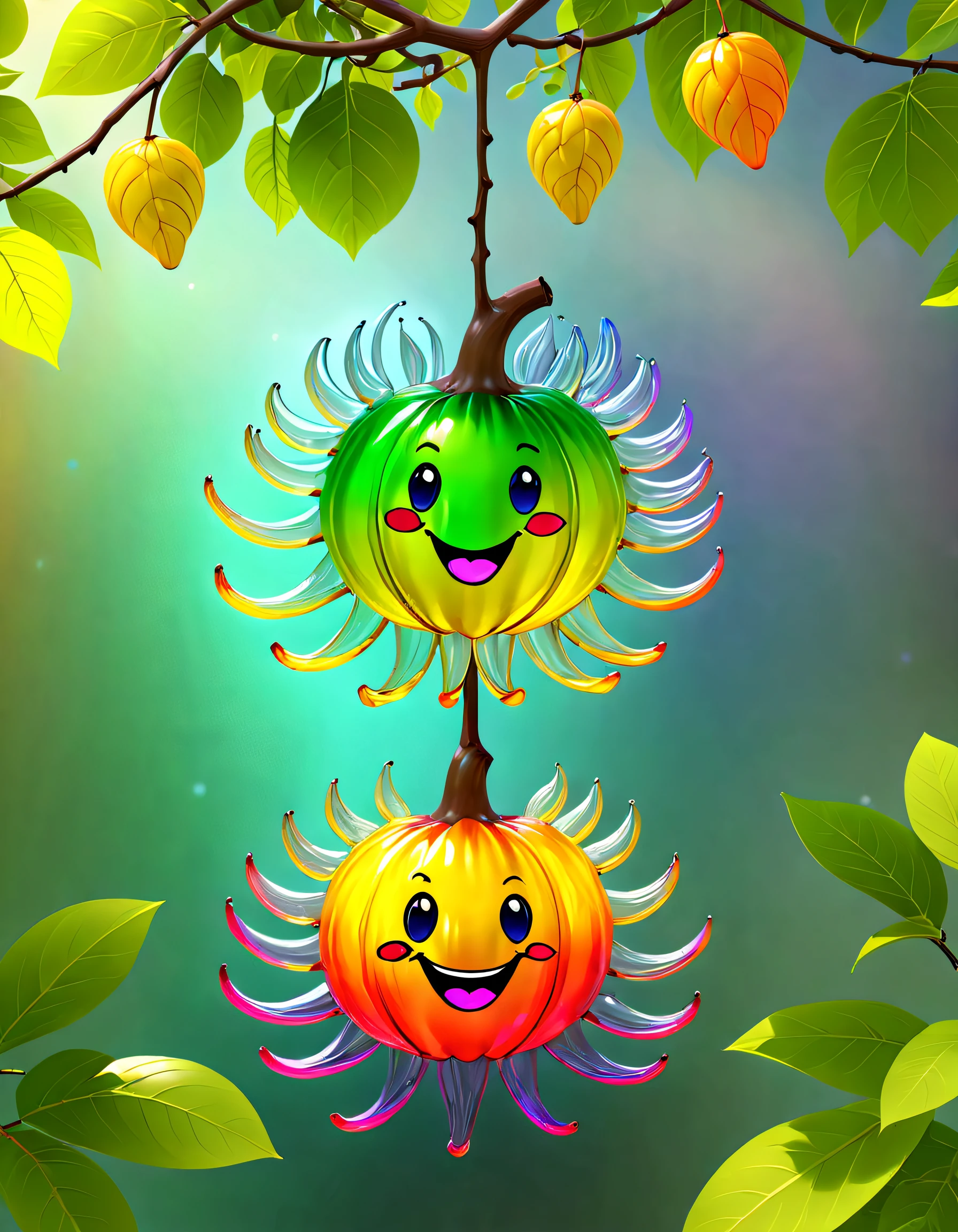 stained glass style，(A fabulous colorful rainbow ginseng fruit tree，Fruits in the shape of transparent smiley dolls hang on the branches，Irridescent color)，Leaves covered with nectar, Plants covered in liquid, Cute 3d rendering, Rendering in Cinema 4D Octane, blender art, Cinema 4D color rendering, Very detailed photos of happiness, rendered in cinema4d, Colorful octane rendering, A vibrant one, The beautiful, semi transparent, iintricate, Detailed pubic hair