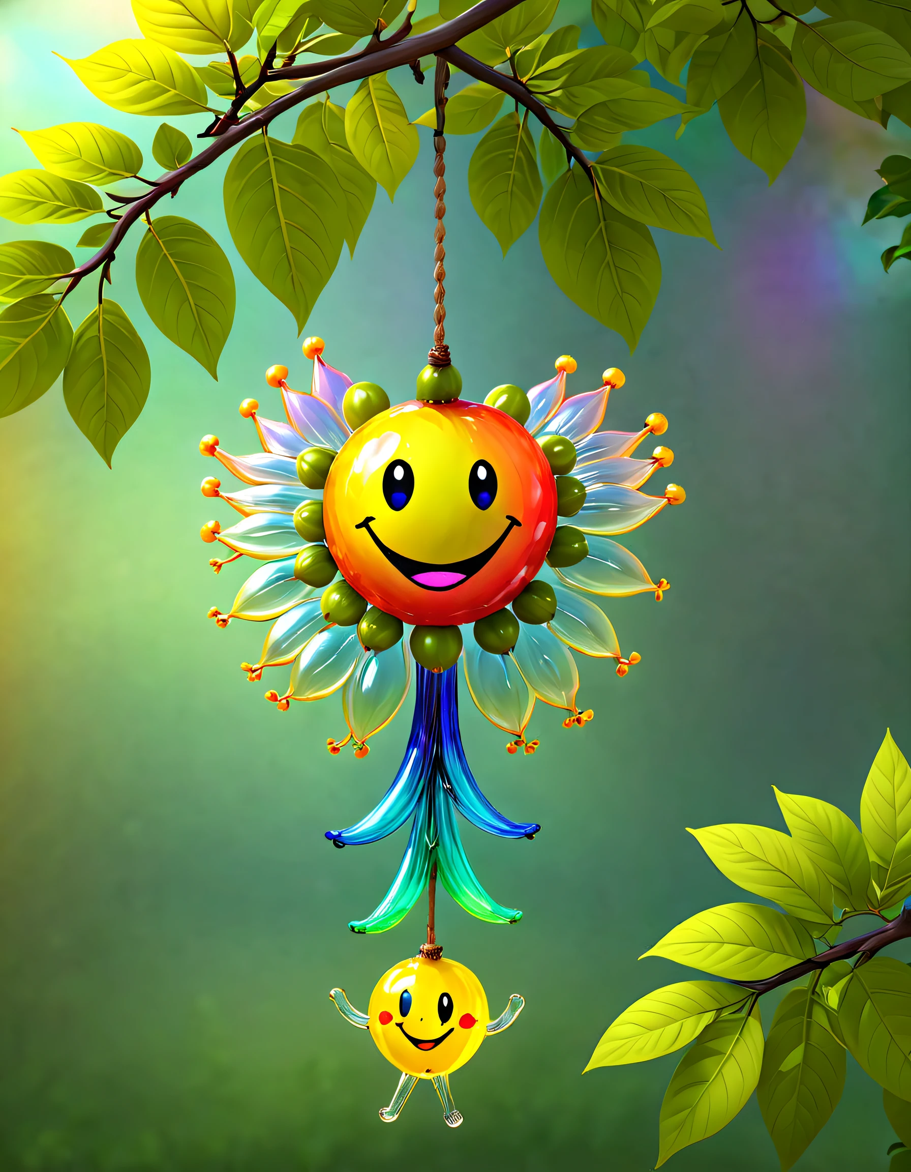 stained glass style，(A fabulous colorful rainbow ginseng fruit tree，Fruits in the shape of transparent smiley dolls hang on the branches，Irridescent color)，Leaves covered with nectar, Plants covered in liquid, Cute 3d rendering, Rendering in Cinema 4D Octane, blender art, Cinema 4D color rendering, Very detailed photos of happiness, rendered in cinema4d, Colorful octane rendering, A vibrant one, The beautiful, semi transparent, iintricate, Detailed pubic hair