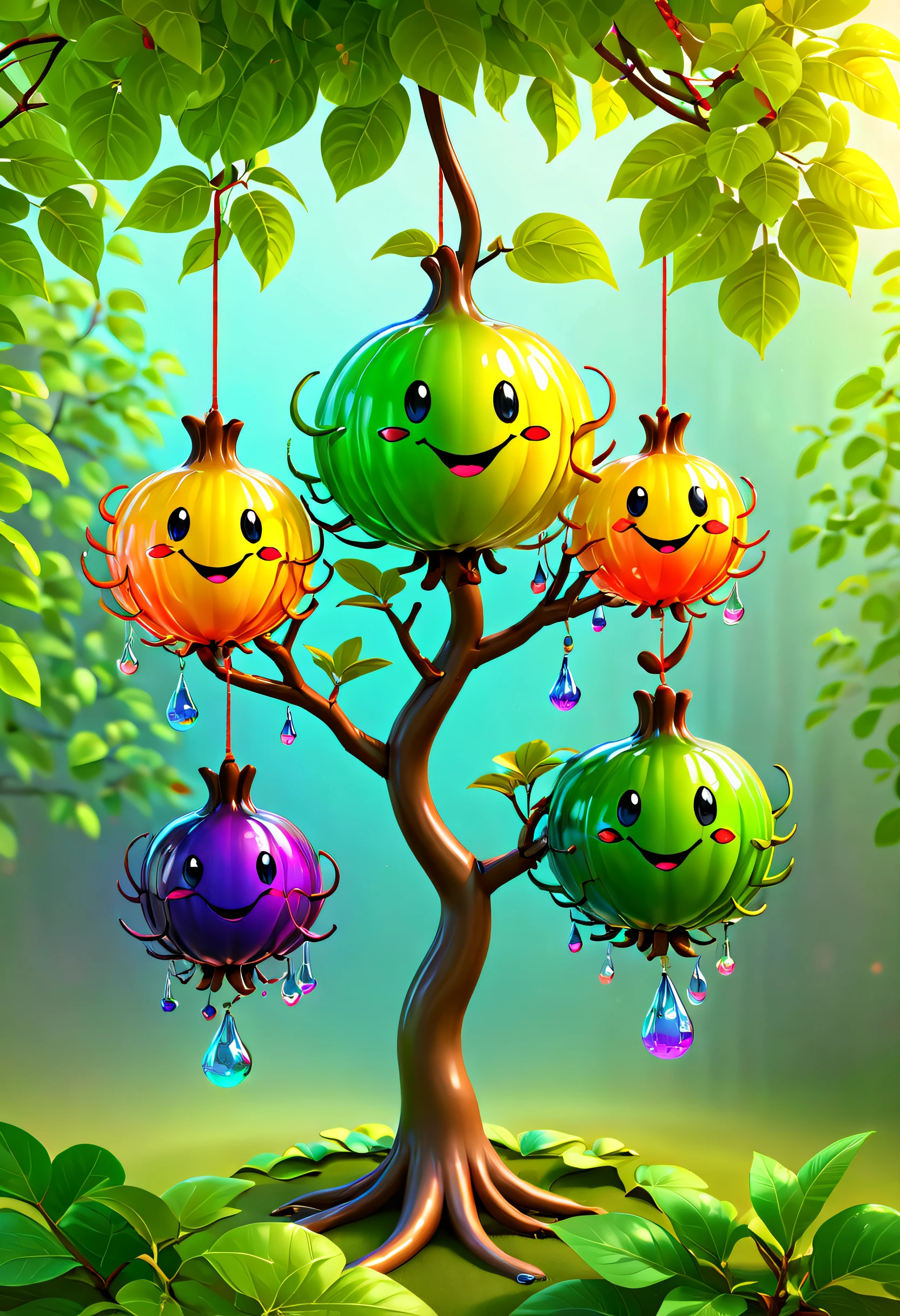 stained glass style，(A fabulous colorful rainbow ginseng fruit tree，Fruits in the shape of transparent smiley dolls hang on the branches，Irridescent color)，Leaves covered with nectar, Plants covered in liquid, Cute 3d rendering, Rendering in Cinema 4D Octane, blender art, Cinema 4D color rendering, Very detailed photos of happiness, rendered in cinema4d, Colorful octane rendering, A vibrant one, The beautiful, semi transparent, iintricate, Detailed pubic hair