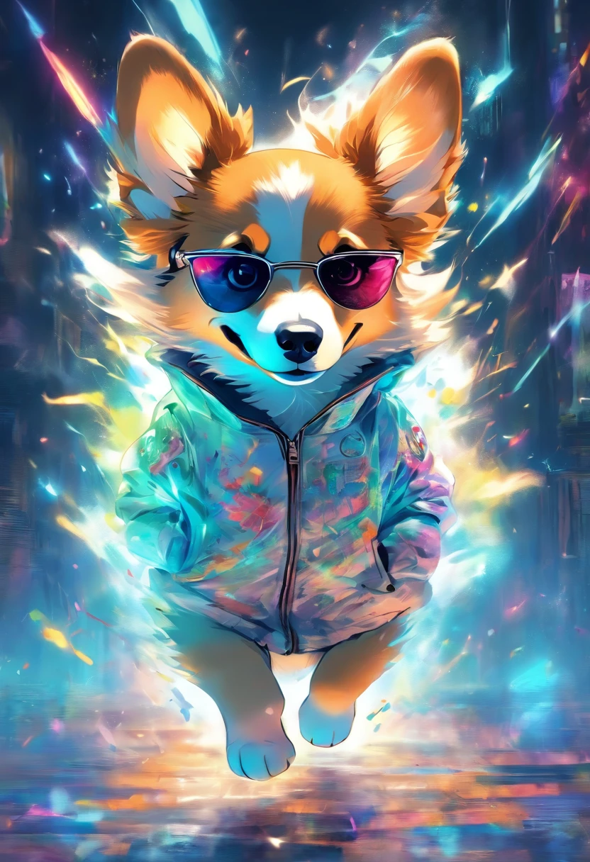 Perfect centering, A cute little Welsh Corgi, Wearing a student team jacket, Wearing sunglasses, Wearing headphones, cheerfulness, Standing position, Abstract beauty, Centered, Looking at the camera, Facing the camera, nearing perfection, Dynamic, Highly detailed,  smooth, Sharp focus, 8K, high definition resolution, illustration, Art by Carne Griffiths and Wadim Kashin, White background