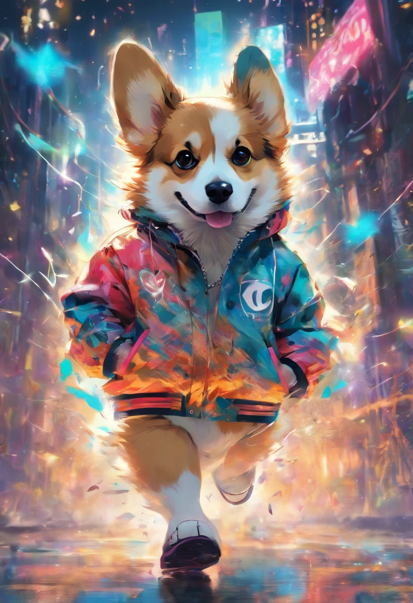 Perfect centering, A cute little Welsh Corgi, Wearing a student team jacket, Wearing sunglasses, Wearing headphones, cheerfulness, Standing position, Abstract beauty, Centered, Looking at the camera, Facing the camera, nearing perfection, Dynamic, Highly detailed,  smooth, Sharp focus, 8K, high definition resolution, illustration, Art by Carne Griffiths and Wadim Kashin, White background