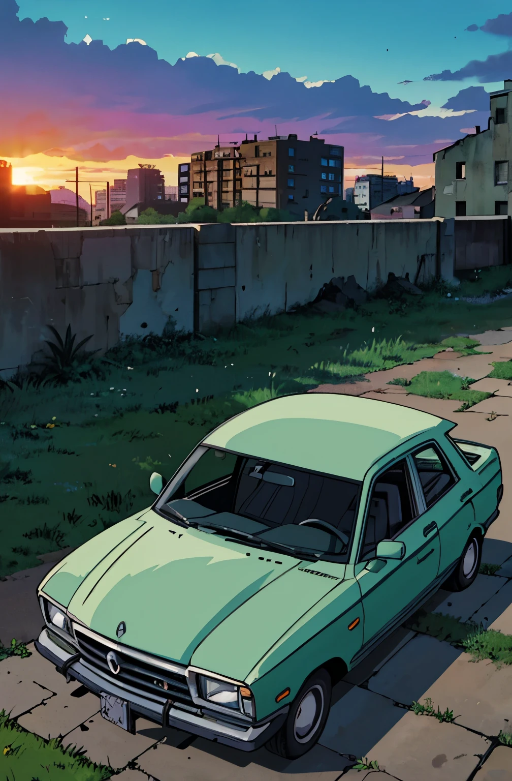 Car Cemetery, muitos carros. Patio with grass. abandoned buildings, carros abandonados, Greenery next to buildings, sun sunset. manga-style (Preto e branco).