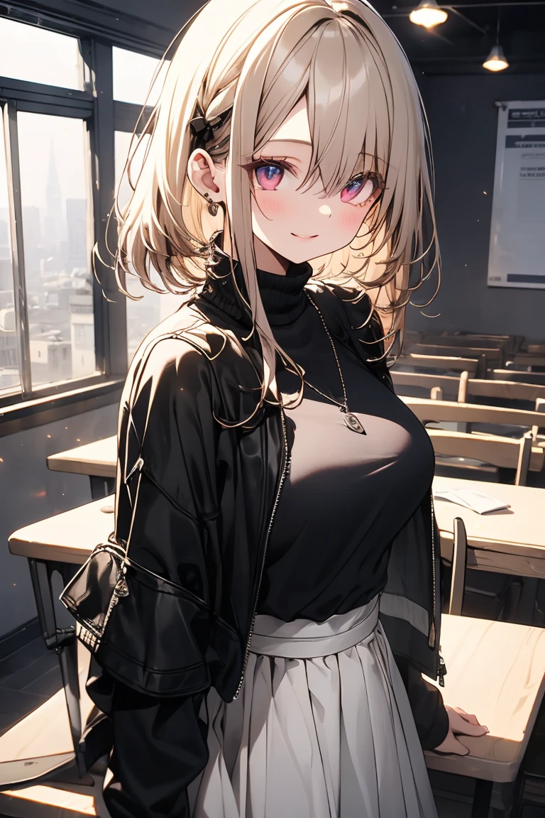 masterpiece, absurdres, best quality, ultra detailed, high Resolution, detailed illustration, extremely beautiful detailed face and eyes, bright colour, 1girl, (loli), cute face, Delicate beautiful face, magenta eyes, cute eyes, sparkling eyes, big eyes, medium breasts, (perky breasts:1.1), (pointy breasts:1.1), medium hips, glamorous body, white skin, smile, BREAK, long bob cut, (blonde hair:0.8), messy hair, detailed hair, shiny hair, BREAK jacket, sweater, long skirt, tiny ribbon, presentation, meeting room, real world, natural lights, perfect lighting,