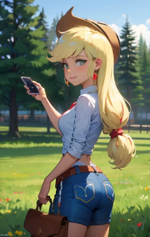 AppleJack, AppleJack from my little pony, AppleJack in the form of a girl, long hair, lush hair, steampunk, steampunk machinery, golden gears, not human, gear leather, cowboy boots, full-length, cowboy hat, apple earrings, on a farm with apple trees, steampunk style, a lot of magic, lightning nets, best quality, very detailed, ultra 8k resolution