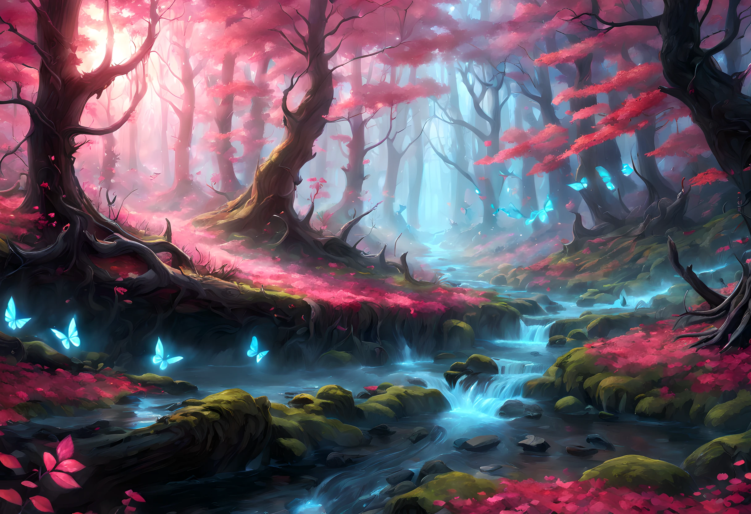 a picture of a magical forest clearing, drkfntasy a forest clearing, there are plenty of  colorful trees and flowers, the leaves glow in colors GlowingRunes_pink, the vines glow GlowingRunes_red, leaves glow,  GlowingRunesAI_purple a stream of water, sunset light, sun rays, DruidMagicAI, glowing butterfly, fantasy art, forest magic magv1ll, D&D art, RPG art, magical atmosphere magic-fantasy-forest, ultra best realistic, best details, best quality, 16k, [ultra detailed], masterpiece, best quality, (extremely detailed), ultra wide shot, photorealism, depth of field, hyper realistic painting, 3D render