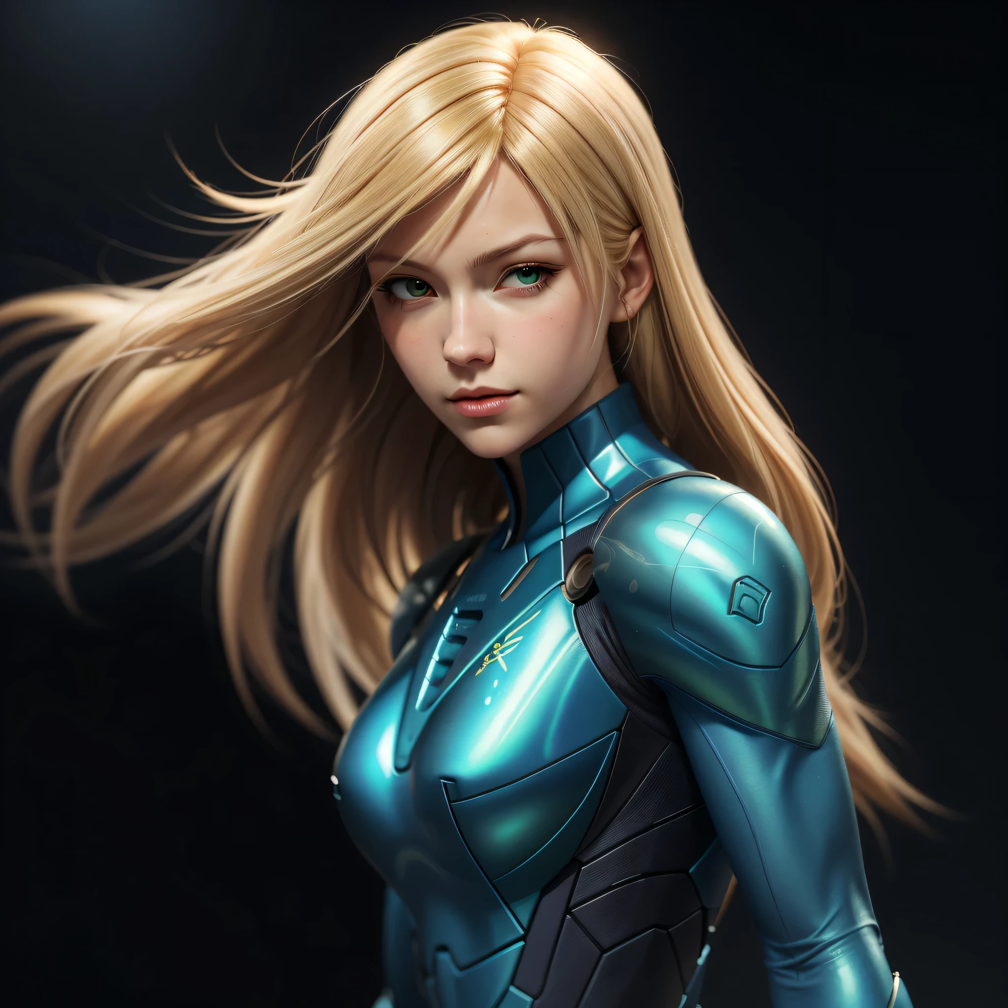 un gros plan d'une femme aux cheveux longs blonds portant un costume bleu, zero suit samus, samus aran fanart, Dessiné dans le style d’Artgerm, Portrait de la belle Samus Aran, Peinture numérique sur papier glacé, Portrait d’Artgerm, Dans le style d’Artgerm, Artgerme extrêmement détaillé, DéviantArt ArtStation CGSCOSIETY