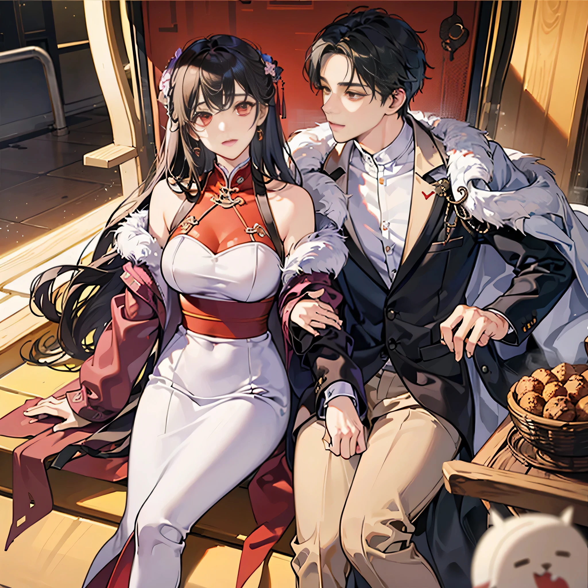 black haired man, red eyes, tired, Zhongshan suit