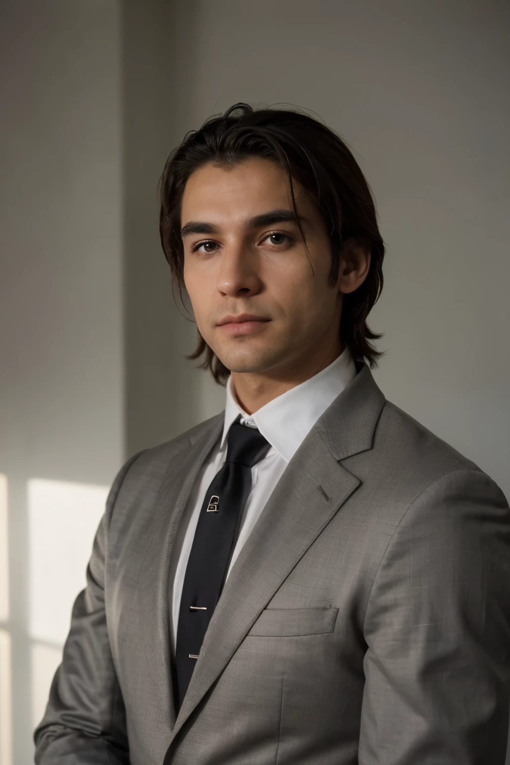 ((best quality)), ((masterpiece)), (detailed), perfect face, male, musculer, a swarthy man standing with 30 years in a suit and tie, Body and straight head in the photo, DSRL, de frente para o espectador da foto, olhos fitos para a lente, Appears shoulders and head in the photo, homem centralizado na foto, 8k, melhor qualidade, obra prima, realista, foto realista, foto de cinema, ultra realista, 1 pessoa, detalhado, perfect  lighting, DSRL, foto profissional, 4k