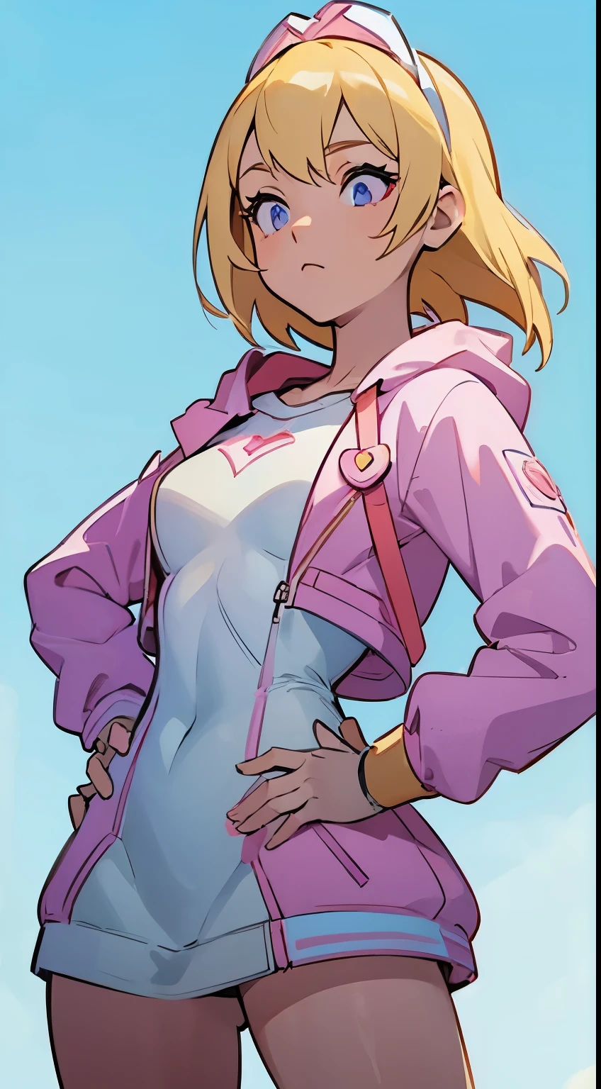 (((masterpiece))) Lux, hands on hip pose, bright scenery, simple background , wearing gwenpool opened hoodie jacket, shoulder length blonde hair