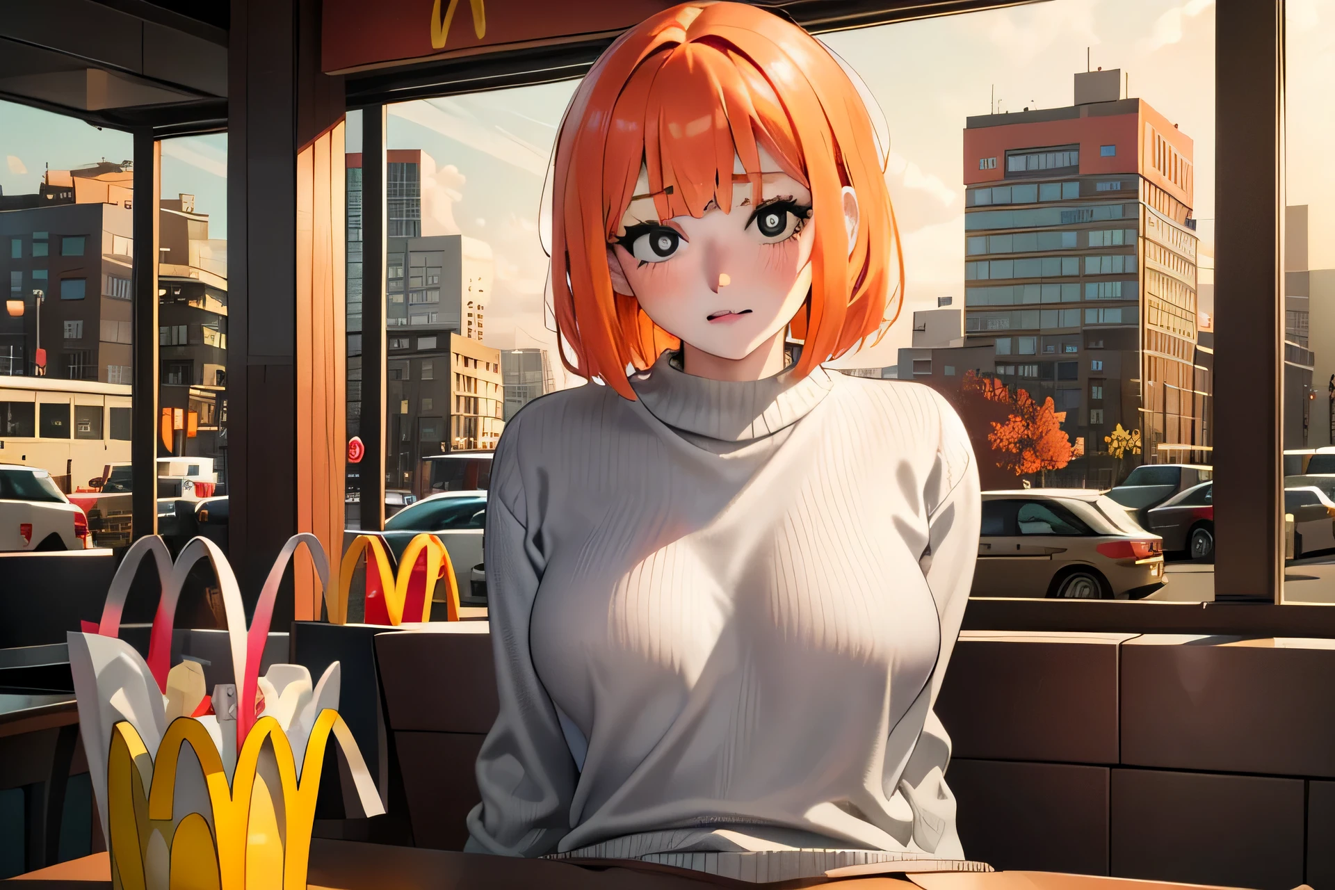 (8k uhd, masterpiece, best quality, high quality, absurdres, ultra-detailed,detailed face,detailed background),perfect lighting, 1girl, McGingerMom,orange hair,huge breasts,nipples,bobcut,(black eyes:1.25), white pupils,cowboy shot, indoors,mcdonald's:(grey sweater:1.2),clothes lift,bottomless, ,pubic hair