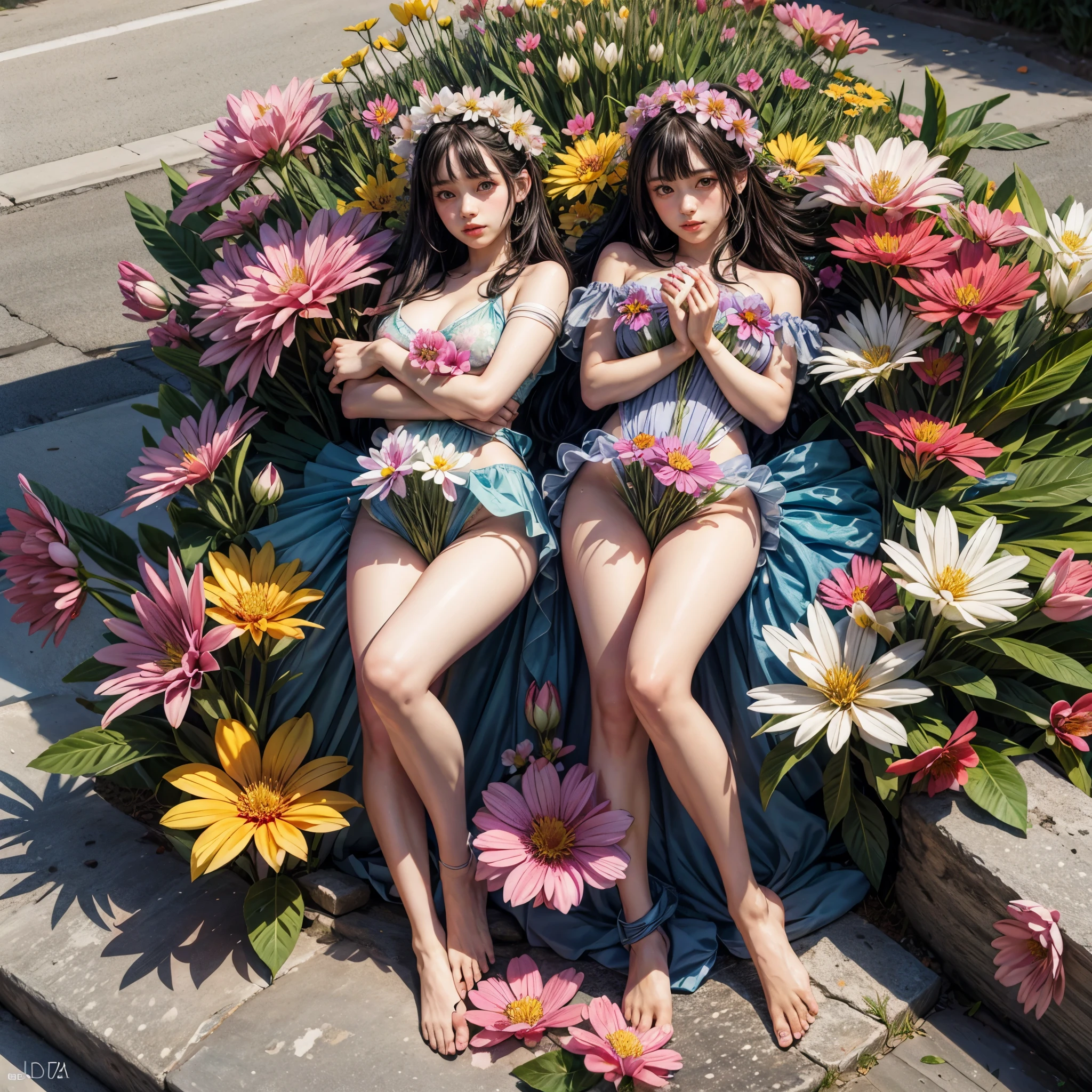 ((( KAWAII girls laying on flowers, flower background, concept art))), ((SFW)), (Exposed:1.2), (??????:-0.9), (Acutance:0.8), (Extremely Detailed KAWAII Face variations), ( 8K finest-quality, ultra-detailed, Masterpiece:1.2), ( realistic, (Hyper-Realism:1.37), ), an extremely delicate and beautiful, (( covered girl's body with many many flowers)), ( no extra limbs ) . full of flowers, filled with flowers, Overflowing flowers .