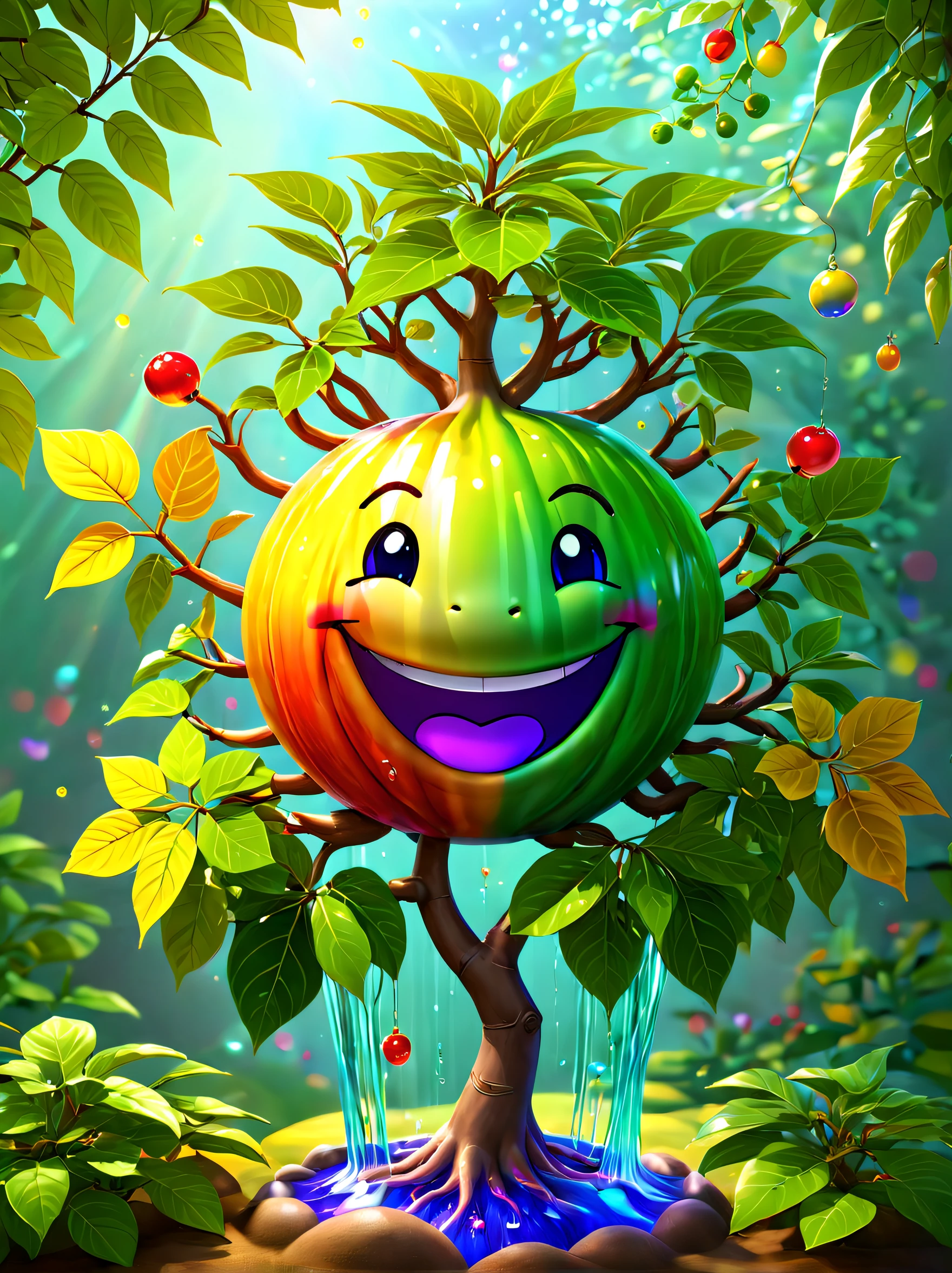 stained glass style，(a magical plant，Colorful rainbow doll smiling face ginseng fruit tree)，Leaves covered with nectar, Plants covered in liquid, Cute 3d rendering, Rendering in Cinema 4D Octane, blender art, Cinema 4D color rendering, Very detailed photos of happiness, rendered in cinema4d, Colorful octane rendering, A vibrant one, The beautiful, semi transparent, iintricate, Detailed pubic hair