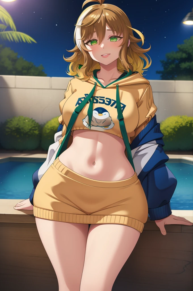 masterpiece, best quality, 1girl, beach, waves, Kantai Collection, (blonde hair), hair bun, blue eyes, big breasts, shy, glasses, pleated skirt, thighhighs, microskirt, jacket, shikinami (kancolle), green clothes