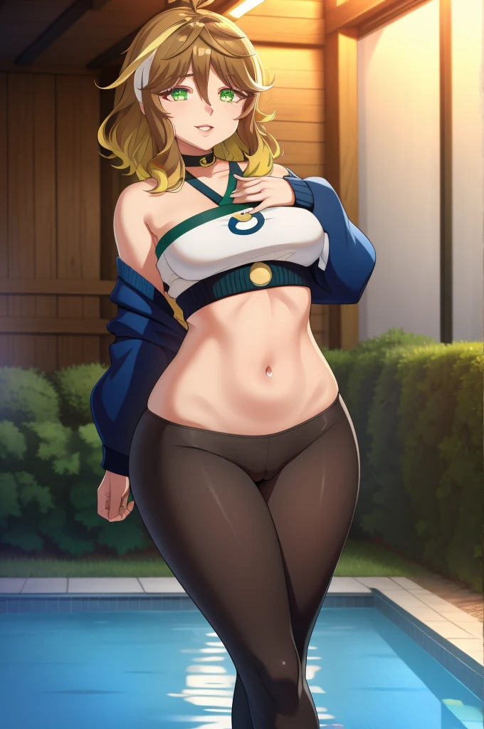 amicia michella - nijisanji, anime style, 1boyl, brown short hair, yellow inner hair, wavy hair, green eyes, detailed eyes, midriff, girly face, seductive, thin lips, painted lips, shy smile face, wide hips, thick thighs, huge round ass, medium breast, full body, dynamic pose, night pool, nsfw