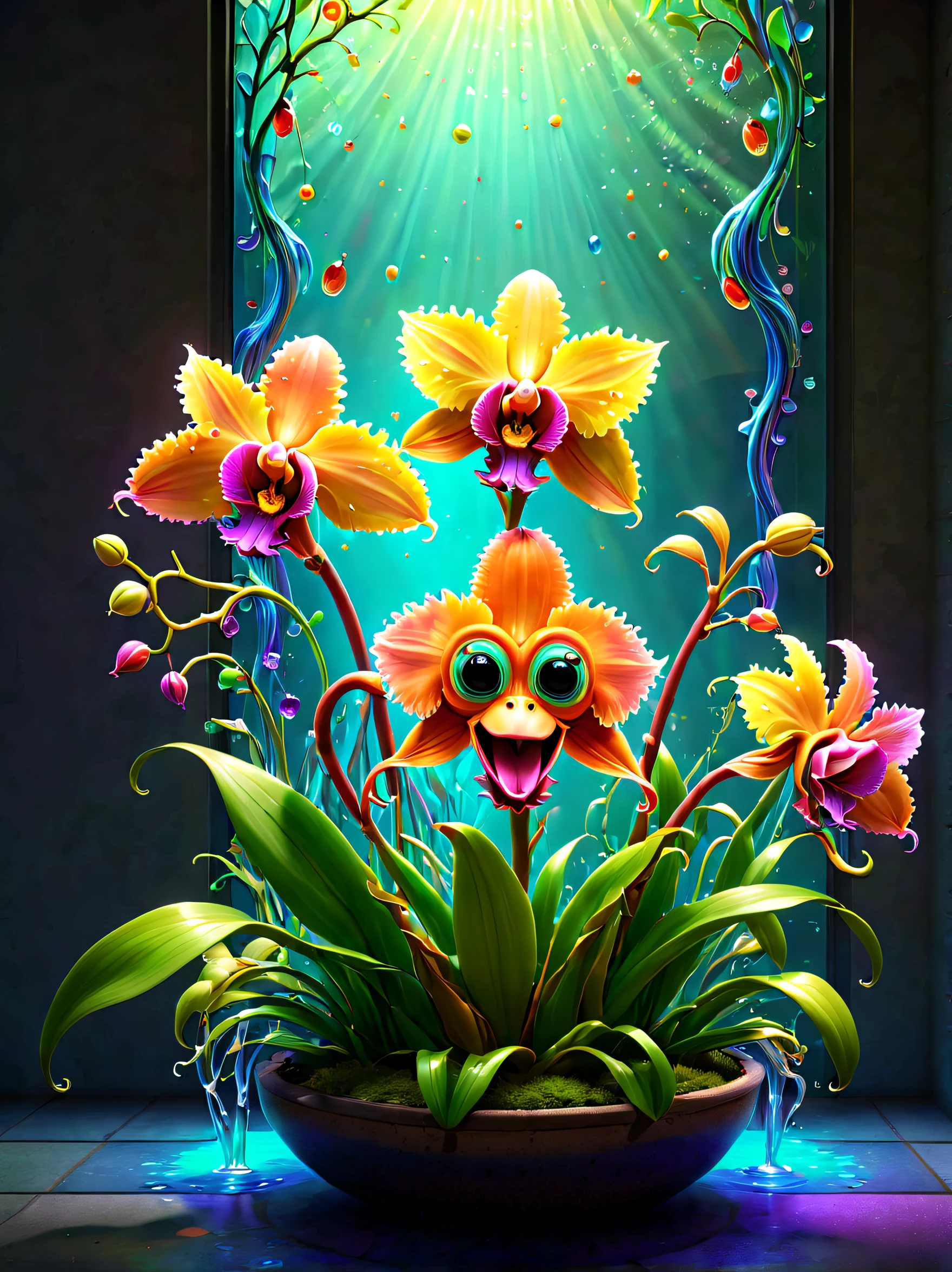 stained glass style，(A fabulous colorful rainbow ginseng fruit tree，Fruits in the shape of transparent smiley dolls hang on the branches，Irridescent color)，Leaves covered with nectar, Plants covered in liquid, Cute 3d rendering, Rendering in Cinema 4D Octane, blender art, Cinema 4D color rendering, Very detailed photos of happiness, rendered in cinema4d, Colorful octane rendering, A vibrant one, The beautiful, semi transparent, iintricate, Detailed pubic hair