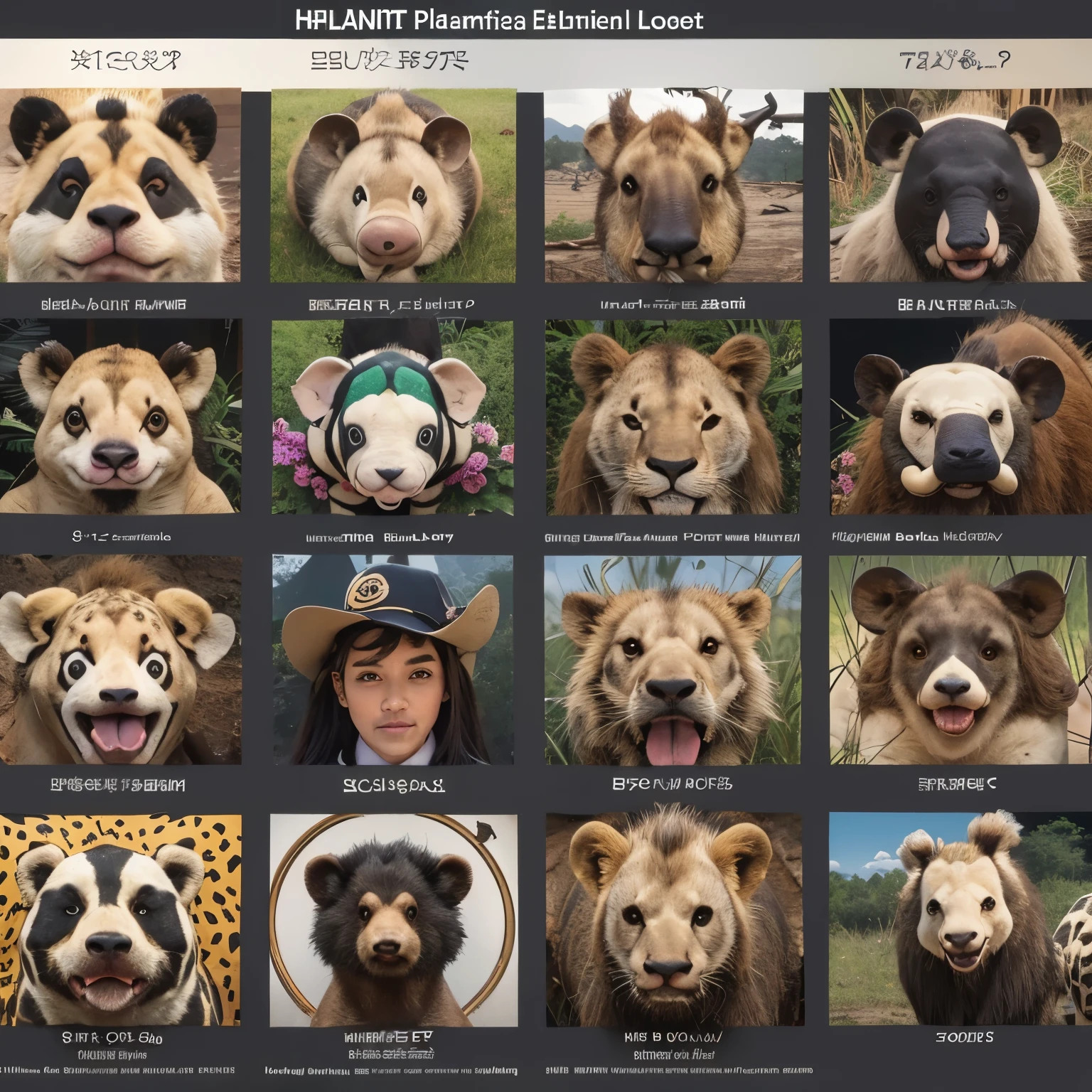 Elephant,hedgehog,platypus,buffalo,panda,giraffe,lion,beetle,ladybug,turtle,as one monster,design sheet