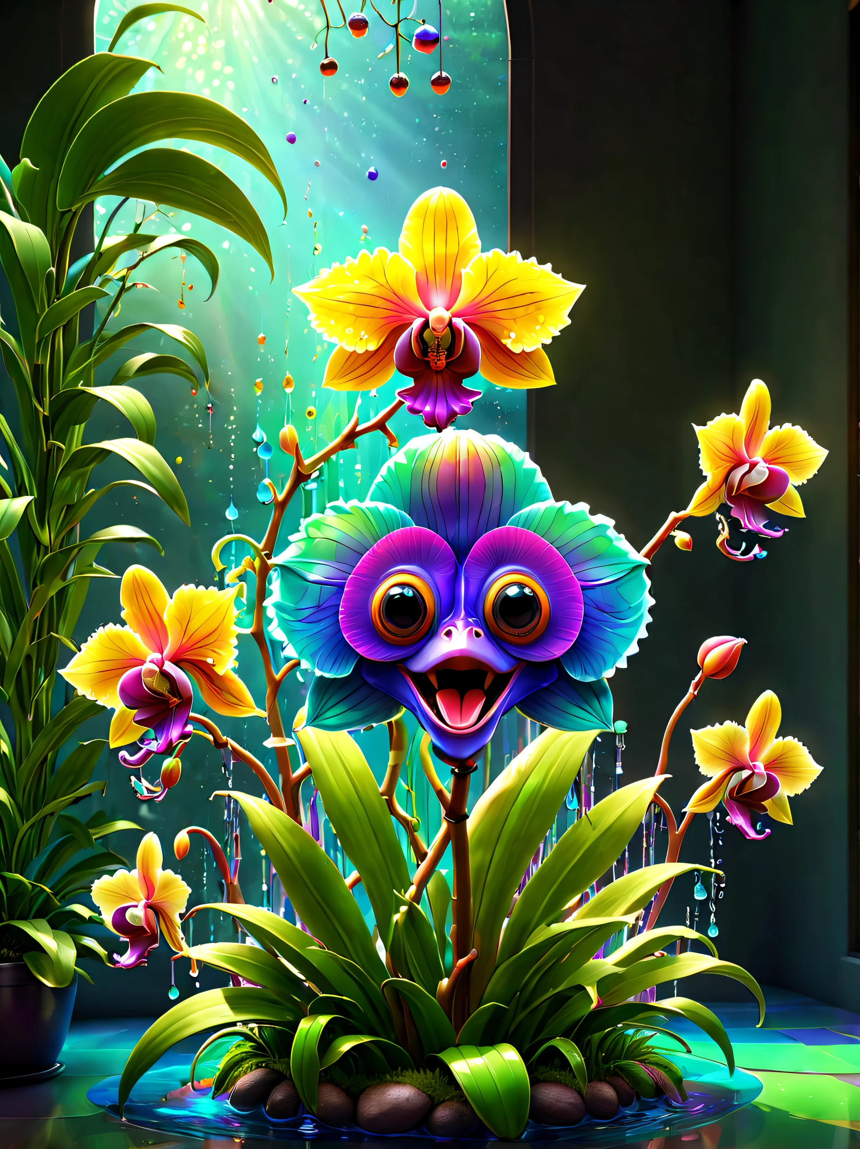 stained glass style，(a magical plant，Colorful rainbow monkey face orchid)，mouth full of nectar, Cute 3d rendering, Plants covered in liquid, Rendering in Cinema 4D Octane, blender art, Cinema 4D color rendering, Very detailed photos of happiness, rendered in cinema4d, 4D cinema rendering, Colorful octane rendering, 3d illustrations, 3d illustrations, stylized as a 3d render . A vibrant one, The beautiful, semi transparent, iintricate, Detailed pubic hair