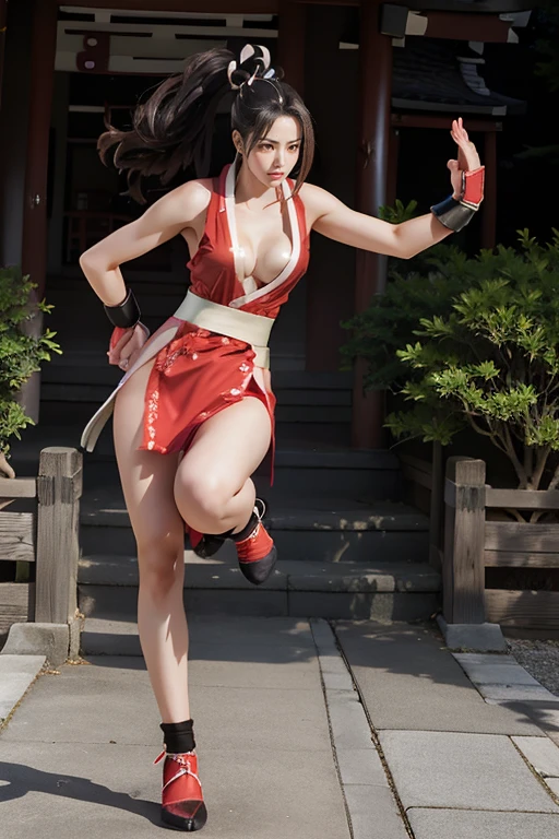 (mai shiranui:2.0), (tabi:2.0), (toe:1.2), (Full body portrait:2.0), Full body, (Realism), (masutepiece:2.0), (Best Quality), (ultra-detailliert), (8K, 4K, Convoluted), (Flat Lighting:1.2), (skinny), Prestige, Brown eyes, Long hair, brown eyes, long hair, brown hair, white ribbon, sleeveless, ponytail, sash, pelvic curtain, arm guards, gloves, tabi, fascinated expression, Sexy eyes, slim, medium breasts, Smile, Cute, view the viewer, Long hair, Close to Japan temple, (breasts focus:1.2), (Realistic:1.2), (Full Shot: 1.2), (85 mm), light Particle, Lighting, (Highly detailed:1.2), (Detailed face:1.2), (gradients), SFV, Colorful, (Detailed eyes:1.2), (Detailed temples of Japan: 1.2),(Detailed background), (Dynamic Angle:1.2), (Dynamic Pose:1.2), (Line of action:1.2), Wide Shot, Daylight, Solo.