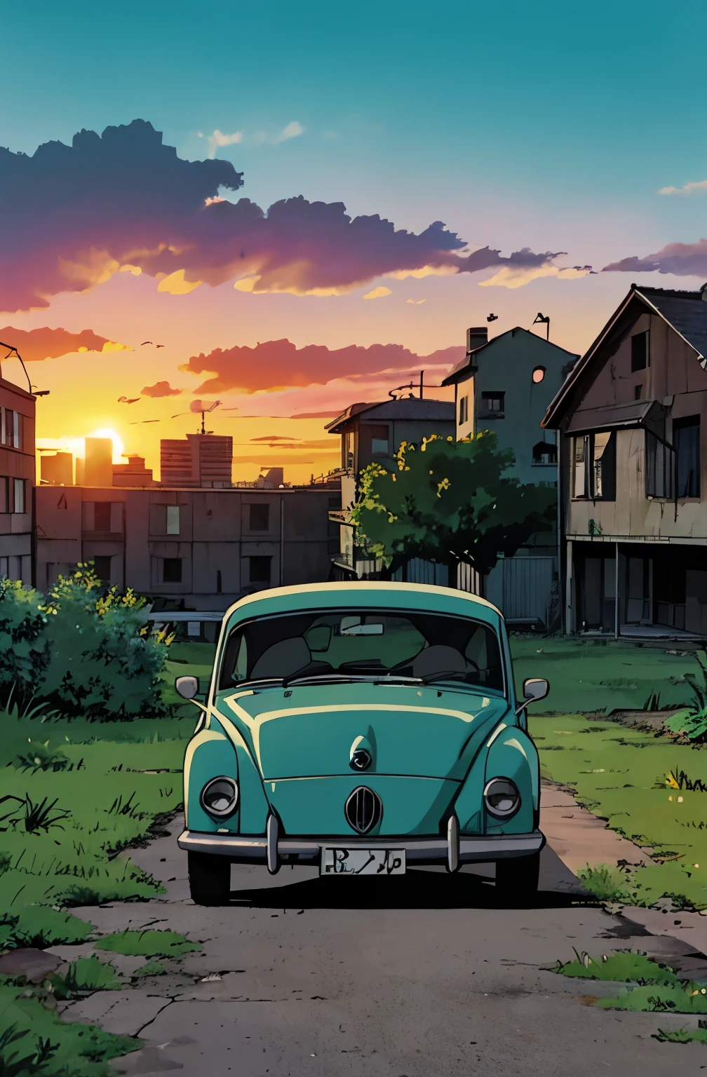 Car Cemetery, muitos carros. Patio with grass. abandoned buildings, carros abandonados, Greenery next to buildings, sun sunset. estilo anime. Sustente e clima de terror. junji ito