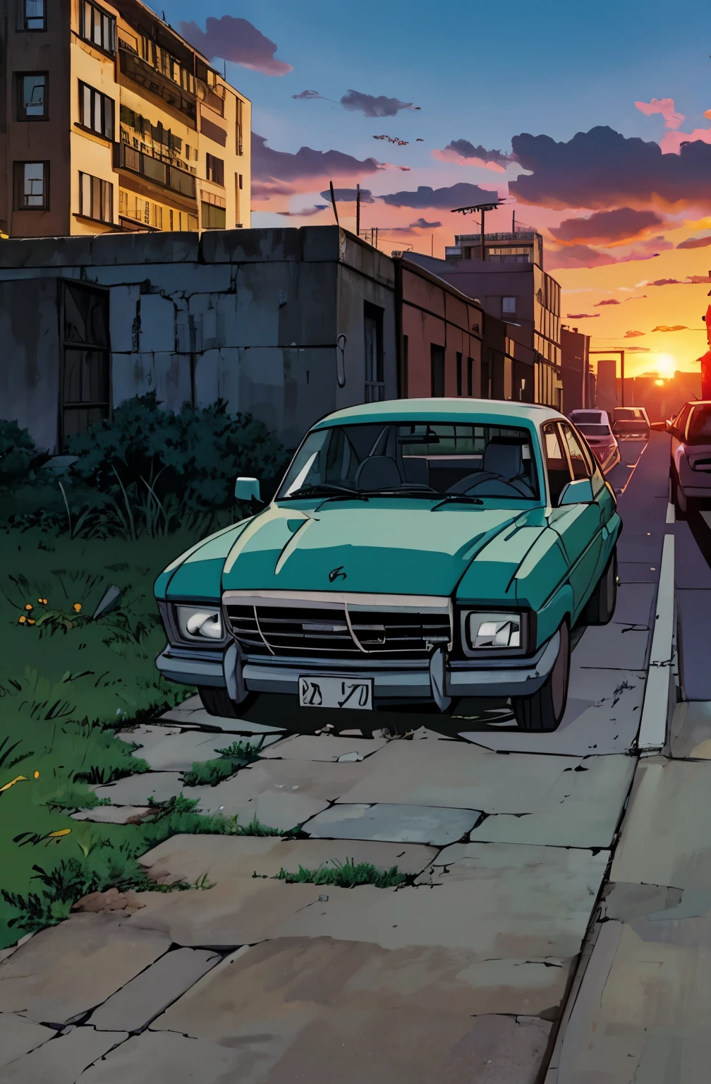 Car Cemetery, muitos carros. Patio with grass. abandoned buildings, carros abandonados, Greenery next to buildings, sun sunset. estilo anime. Sustente e clima de terror. junji ito