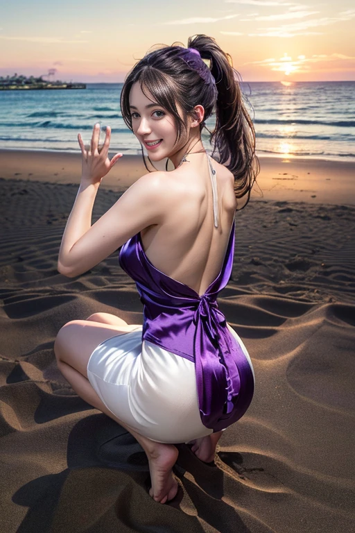masutepiece, Best Quality, 23years old,Ultra-detailed, finely detail, hight resolution, 8K Wallpaper, Perfect dynamic composition, Natural Color Lip,(Wearing a long white dress:1.5),(Ponytail:1.3),(Don't show your face:2.0),drawn action: (girls have to squat,barefoot on the sand:1.3),I want to convey the lonely atmosphere,(silk purple dress:1.4)20 years girl,(Full body:1.3),Shot from behind,Enjoy the sunset,NSFW,hands raised to head,Looking back and smiling,