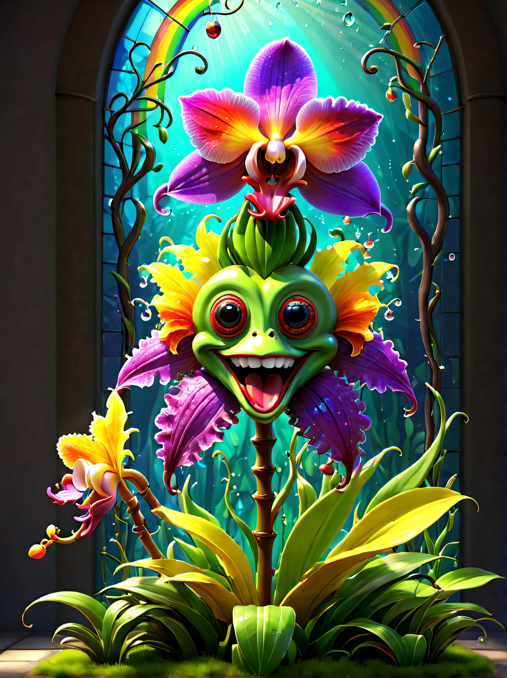 stained glass style，(a magical plant，Colorful rainbow monkey face orchid)，mouth full of nectar, Cute 3d rendering, Plants covered in liquid, Rendering in Cinema 4D Octane, blender art, Cinema 4D color rendering, Very detailed photos of happiness, rendered in cinema4d, 4D cinema rendering, Colorful octane rendering, 3d illustrations, 3d illustrations, stylized as a 3d render . A vibrant one, The beautiful, semi transparent, iintricate, Detailed pubic hair