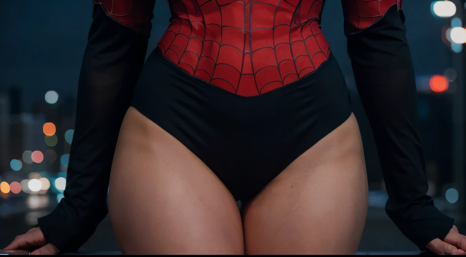 1girl, night, cityscape, city lights, upper body, close up, 8k, raw photos, best quality, masterpiece, realistic, photo realistic, spider-man suit, huge, thick thighs, asian face, short hair, brunette hair