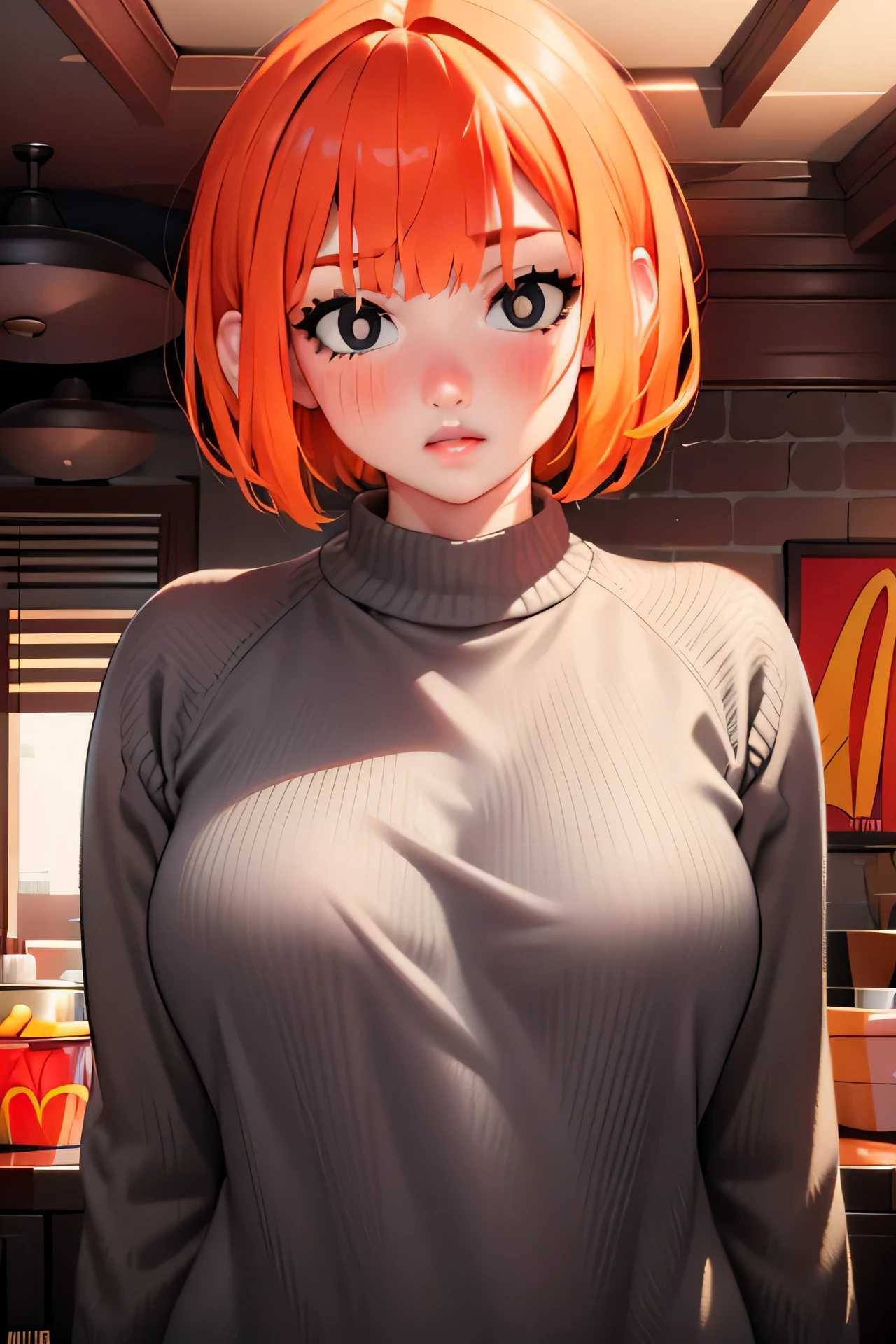 (8k uhd, masterpiece, best quality, high quality, absurdres, ultra-detailed,detailed face,detailed background),perfect lighting, 1girl, McGingerMom,orange hair,bobcut,(black eyes:1.25), white pupils,cowboy shot, indoorcdonald's:1.3),(grey sweater:1.2),bottomless, ,pubic hair