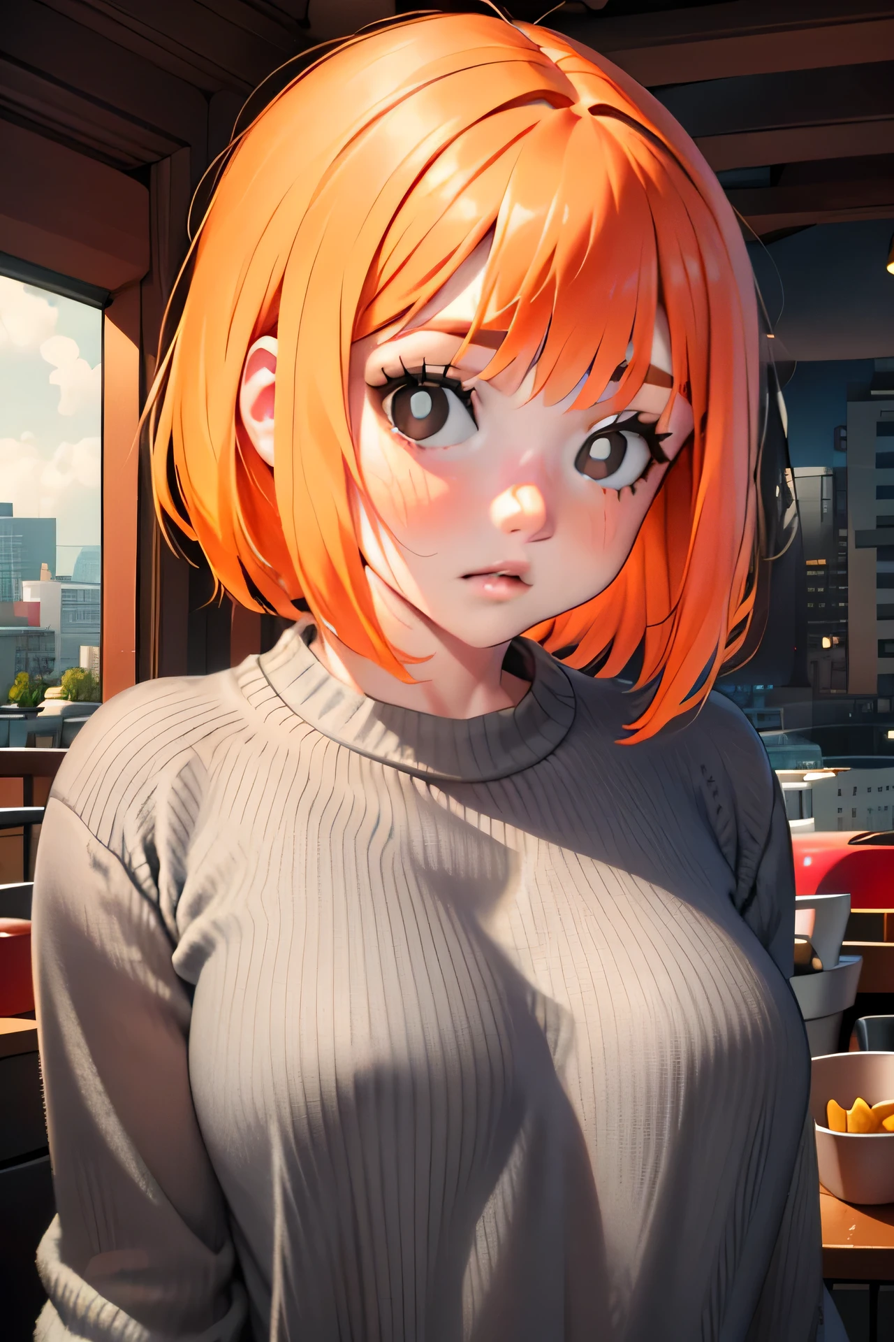 (8k uhd, masterpiece, best quality, high quality, absurdres, ultra-detailed,detailed face,detailed background),perfect lighting, 1girl, McGingerMom,orange hair,bobcut,(black eyes:1.25), white pupils,cowboy shot, indoorcdonald's:1.3),(grey sweater:1.2),bottomless, ,pubic hair