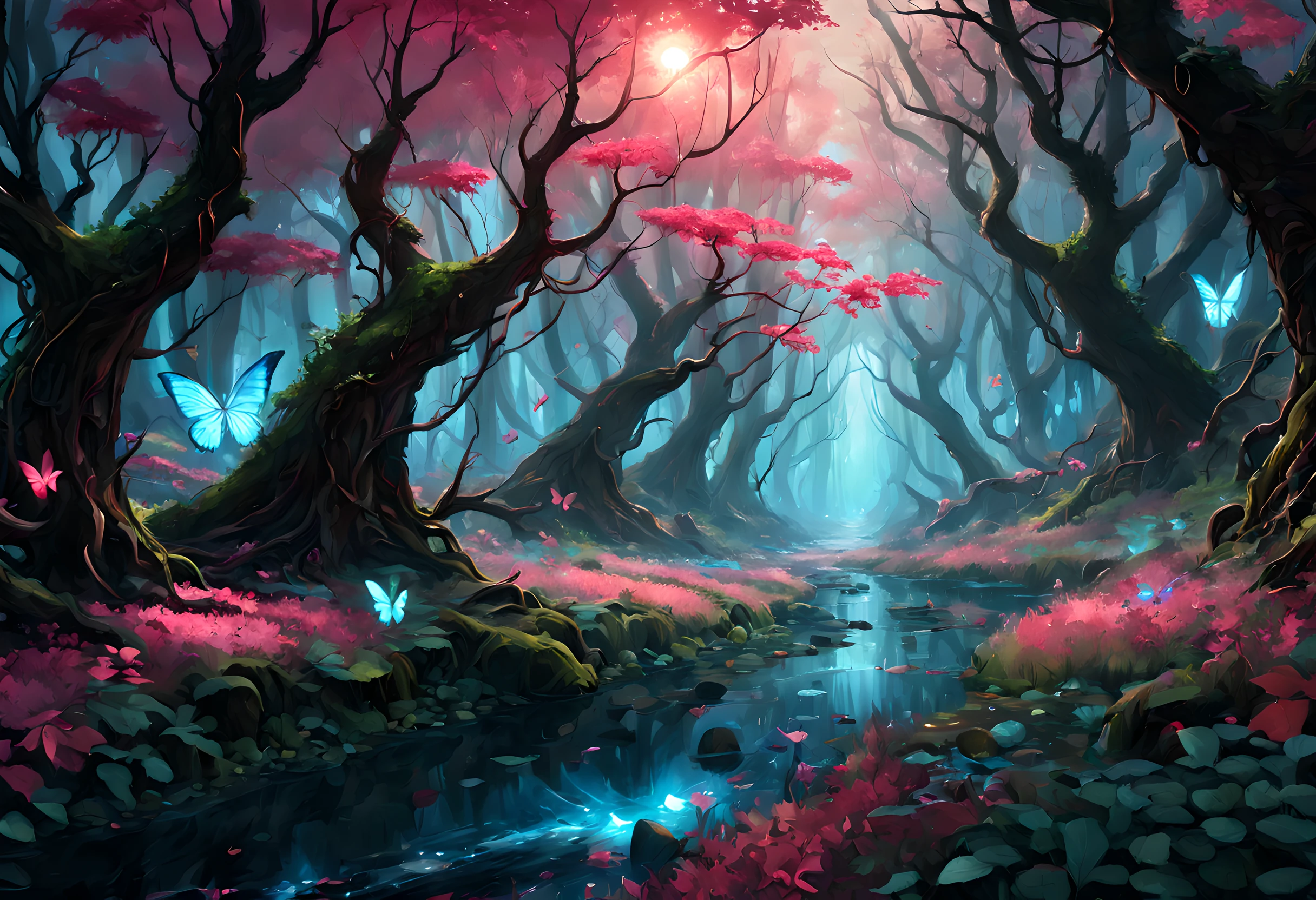 a picture of a magical forest clearing, drkfntasy a forest clearing, there are plenty of  colorful trees and flowers, the leaves glow in colors GlowingRunes_pink, the vines glow GlowingRunes_red, leaves glow,  GlowingRunesAI_paleblue a stream of water, sunset light, sun rays, DruidMagicAI, glowing butterfly, fantasy art, forest magic magv1ll, D&D art, RPG art, magical atmosphere magic-fantasy-forest, ultra best realistic, best details, best quality, 16k, [ultra detailed], masterpiece, best quality, (extremely detailed), ultra wide shot, photorealism, depth of field, hyper realistic painting, 3D render