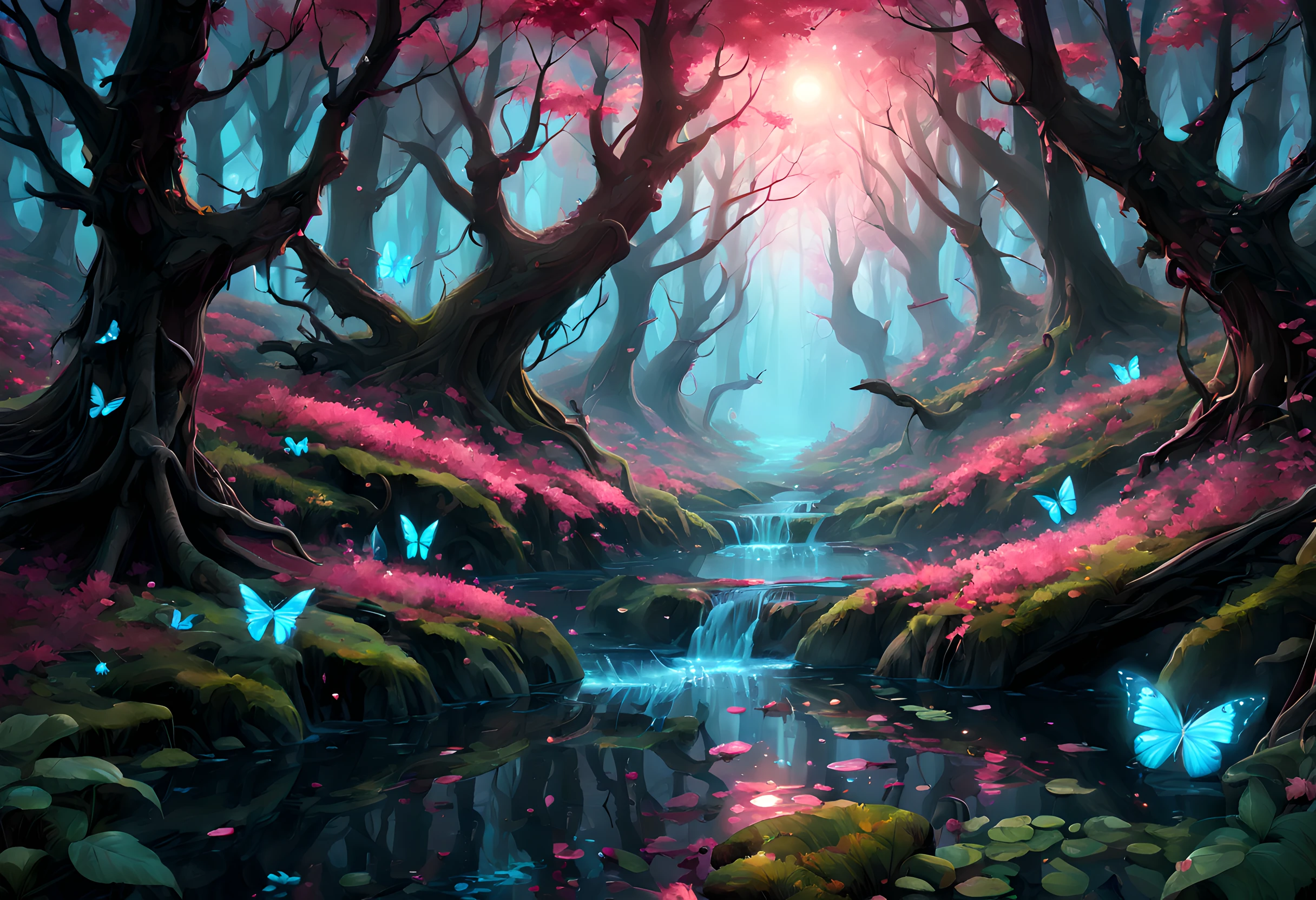 a picture of a magical forest clearing, drkfntasy a forest clearing, there are plenty of  colorful trees and flowers, the leaves glow in colors GlowingRunes_pink, the vines glow GlowingRunes_red, leaves glow,  GlowingRunesAI_paleblue a stream of water, sunset light, sun rays, DruidMagicAI, glowing butterfly, fantasy art, forest magic magv1ll, D&D art, RPG art, magical atmosphere magic-fantasy-forest, ultra best realistic, best details, best quality, 16k, [ultra detailed], masterpiece, best quality, (extremely detailed), ultra wide shot, photorealism, depth of field, hyper realistic painting, 3D render