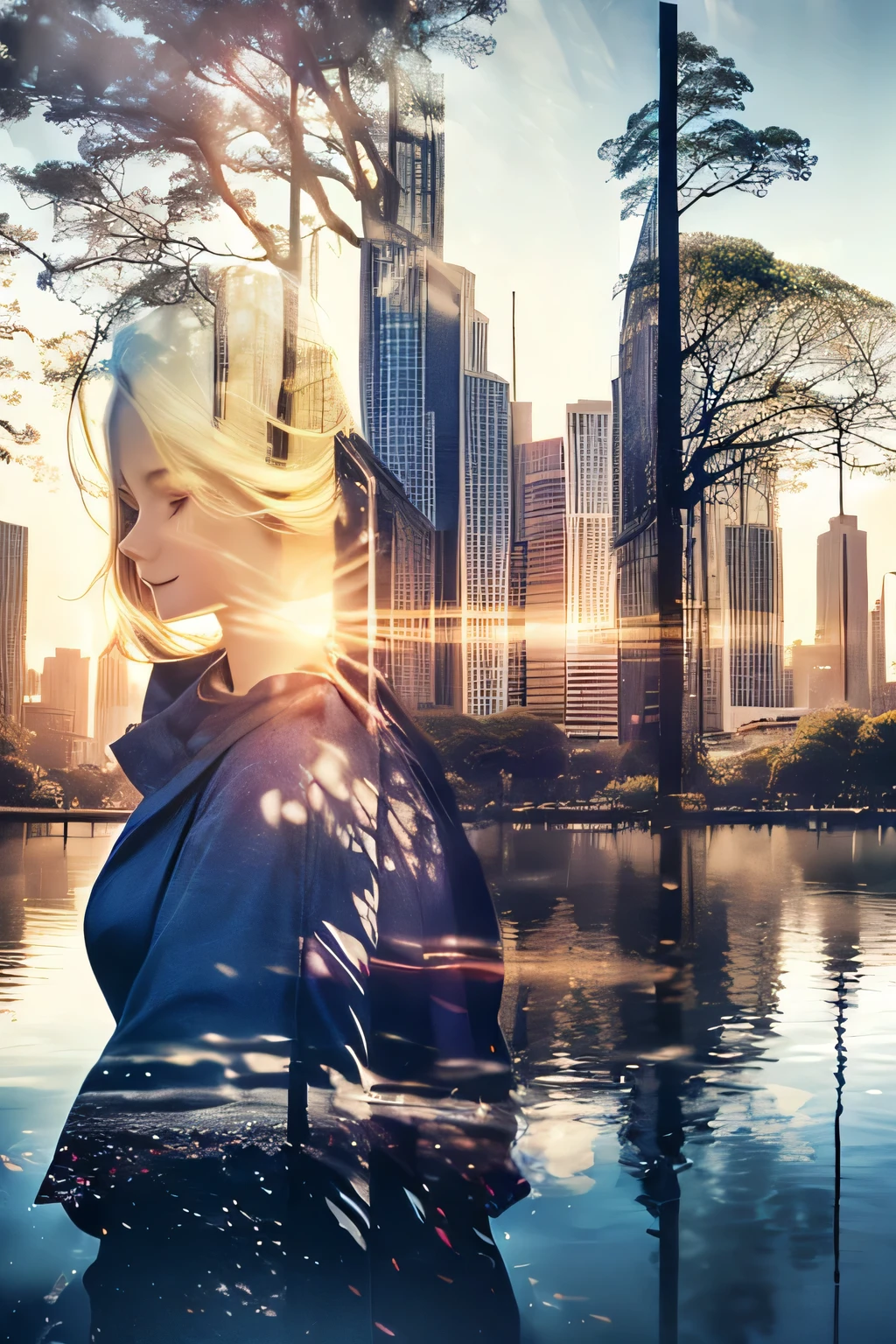 photoRealstic、((Super multiple exposure effect where the background can be seen through the clothes))、girl with、A smile、Lakeside in the background、Wonderful、towards the night view, If you leave the shutter open for a long time、create a line of light.