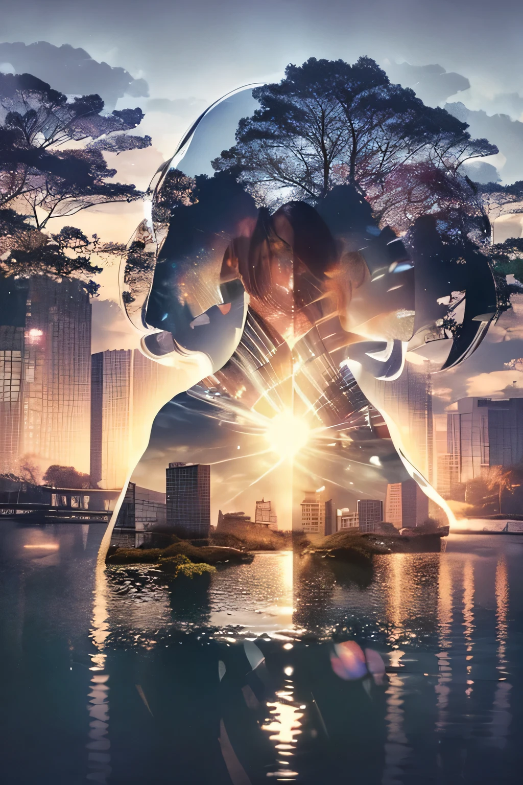 photoRealstic、((Super multiple exposure effect where the background can be seen through the clothes))、girl with、A smile、Lakeside in the background、Wonderful、towards the night view, If you leave the shutter open for a long time、create a line of light.