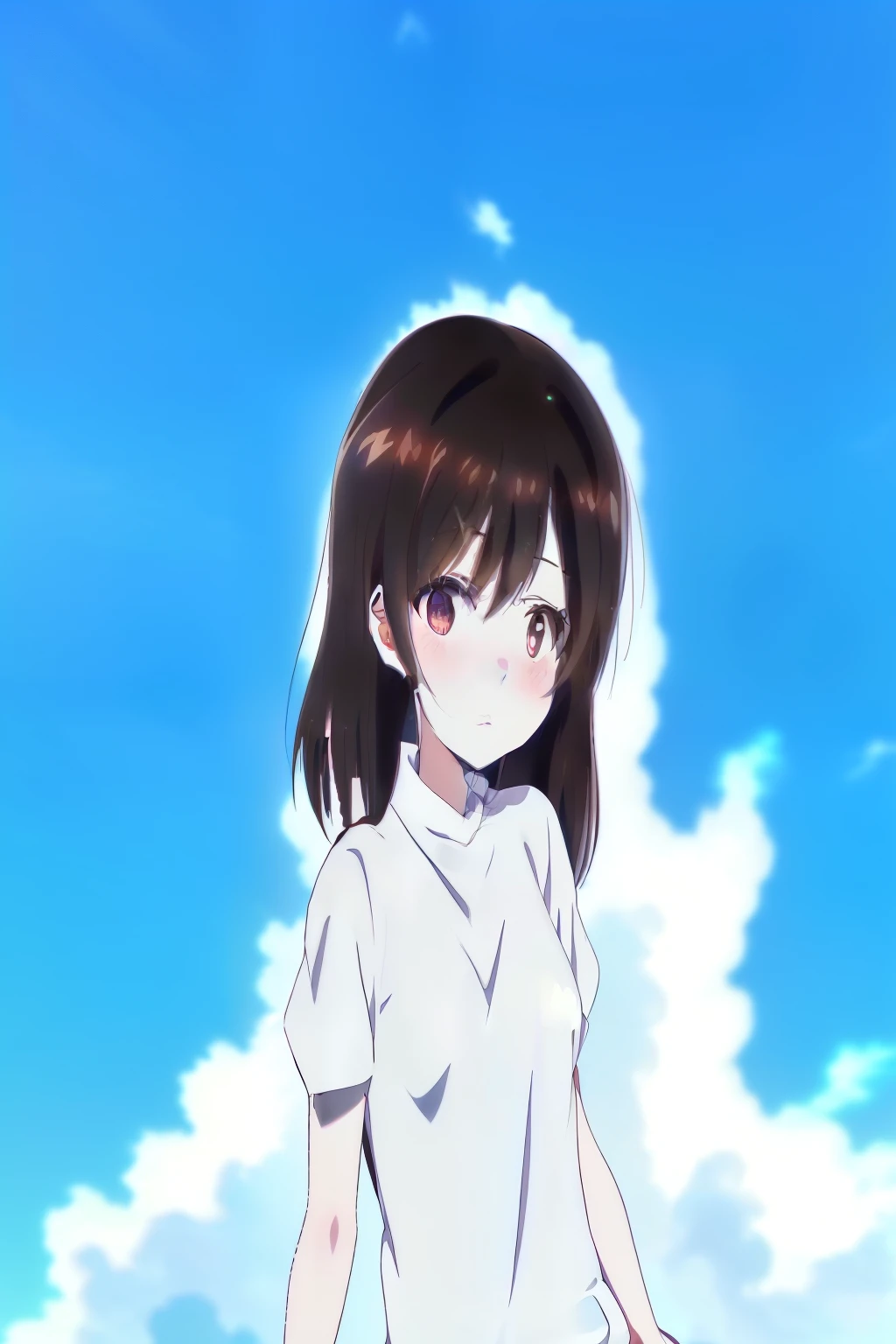 anime girl with black hair and white shirt standing in front of a blue sky, in an anime style, in anime style, anime moe artstyle, flat anime style shading, subtle anime style, semirealistic anime style, anime style character, an anime girl, fubuki, in japanese anime style, as an anime character, anime artstyle, clean detailed anime style
